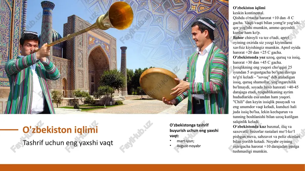 hahri qiyofasida paydo bo‘ladi, uning har bir binosi me’moriy yodgorlik va alohida diqqatga sazovor joydir. shaxrisabz shahrisabz buyuk tamerlanning tug'ilgan joyi va dunyodagi eng qadimiy shaharlardan biri bo'lib, uning yoshi taxminan 2700 yil. oʻrta asrlarda shahrisabz ipak yoʻlidagi muhim savdo nuqtalaridan biri boʻlgan. yam-yashil bog‘-shahar shahrisabz o‘zining betakror me’moriy obidalari bilan mashhur bo‘lib, ularning aksariyati temur va temuriylar davrida qurilgan. ulug‘vor binolar amir temurning ona shahrini samarqanddan kam bo‘lmagan hashamatli ikkinchi poytaxtga aylantirish uchun mo‘ljallangan edi. shahrisabzning asosiy tarixiy yodgorliklari: oqsaroyning mahobatli oq saroyi, koʻk-gumbaz masjidining ulkan zangori gumbazi, dorus-saodat va dorut-tillavat monumental ansambllari, chorsu savdo gumbazi, chubin madrasasi. qizilqum cho'li orol dengizi farg'ona vodiysi mashhur sayyohlik joylari surxondaryo chimyon tog'lari farg'ona vodiysi yam-yashil va serhosil farg'ona vodiysi asrlar davomida qo'lda ishlangan ipak va o'ziga xos kulolchilikning qadimiy mohir ustalari sirlarini o'zida mujassam etgan irsiy hunarmandlar diyori. farg‘ona vodiysi o‘zining boyligi va go‘zalligi bilan markaziy osiyoning marvaridlaridan biri deb ataladi. …