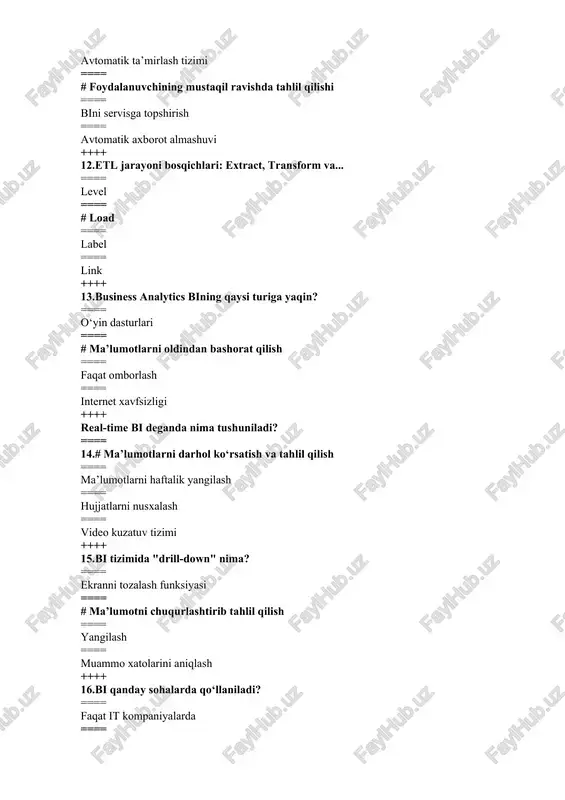 zatsiyasi deganda nimani tushunasiz? ==== ma’lumotni saqlash usuli ==== # grafik, diagramma orqali ko‘rsatish ==== matnli hujjat yaratish ==== video formatga o‘tkazish ++++ 24.bi tizimlarining foydalanuvchilari kimlar bo‘lishi mumkin? ==== faqat it mutaxassislari ==== # har qanday soha vakillari (rahbarlar, marketologlar, analitiklar) ==== faqat dasturchilar ==== faqat moliyachilar ++++ 25.business intelligence jarayonining birinchi bosqichi bu – ==== vizualizatsiya ==== # ma’lumotlarni yig‘ish (data collection) ==== hisobot tuzish ==== strategiyani tanlash ++++ 26.bi platformalarining muhim xususiyati – ==== tizimni parol bilan himoyalash ==== web-sayt tuzish ==== # interaktivlik va moslashuvchanlik ==== animatsiyalar ishlatish ++++ 27.bi’da “what-if analysis” nimani anglatadi? ==== noto‘g‘ri ma’lumotlarni yo‘q qilish ==== # turli shartlarga ko‘ra natijani prognozlash ==== raqamli hisoblash ==== yozuvlarni tekshirish ++++ 28.bi tizimlarida drill-up nima? ==== qurilmalarni yoqish ==== # ma’lumotlar tahlilini yuqori darajaga qaytarish ==== dasturni yangilash ==== tarmoqni tozalash ++++ 29.qaysi qatorda bi platformalariga misollar keltirilgan? ==== adobe, excel ==== # power …