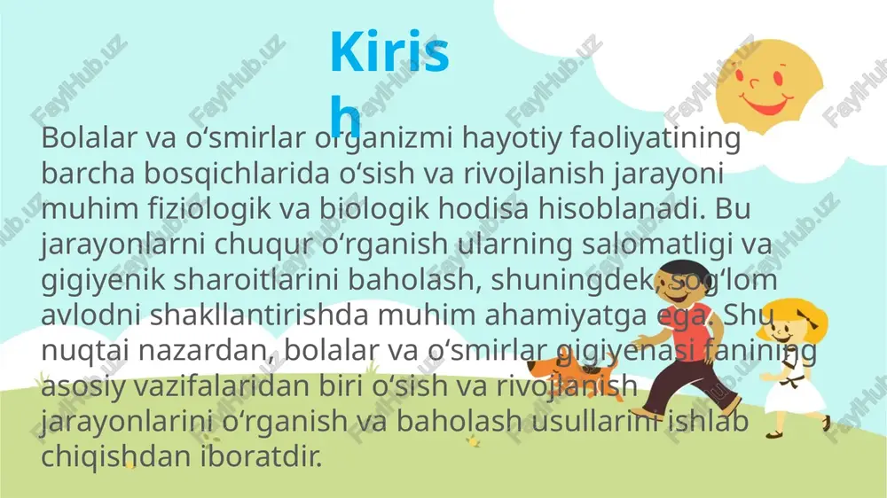 geteroxroniya, uzluksizlik va akseleratsiya jarayonlari asosida yuzaga chiqadi. notekis rivojlanish yoki geteroxroniya. organizmning normal holatida o‘sish va rivojlanish bir-biri bilan juda yaqin aloqada va hamkorlikda bo‘lsa ham, ular bir vaqtda va bir xil jadallikda sodir bo‘lmaydi, chunki biron-bir a‘zo massasining kattalashishi uni bir vaqtda funksional jihatdan takomillashuvini bildirmaydi. ontogenezda birinchi navbatda, ontogenezning ushbu bosqichida yoki yaqin kelajagida organizmni yashashi uchun zarur bo‘lgan a‘zo va tizimlarning rivojlanish tezligi o‘zgaradi. ushbu bosqichda zarur bo‘lmagan funksional tizimlarning rivojlanishi esa, aksincha orqada qoladi. tekshirish ob'ektlari: jismoniy rivojlanish: tana tuzilishi, oʻsish sur’ati, mushak va skelet tizimining rivojlanishi. yosh va jinsga mos antropometrik koʻrsatkichlar. funksional holat: yurak-qon tomir, nafas olish, nerv tizimi va boshqa organlarning ishlashi. harakat faolligi va jismoniy chidamlilik. aqliy va psixologik rivojlanish: aqliy qobiliyatlar, xotira, diqqat va emotsional barqarorlik. oʻquv jarayonidagi psixologik yuklamalarga moslashish. gigiyenik sharoitlar: maktab va uy muhitidagi havo sifati, yorugʻlik, shovqin darajasi. ovqatlanish sifati, suv ta’minoti va sanitariya sharoitlari. turmush …