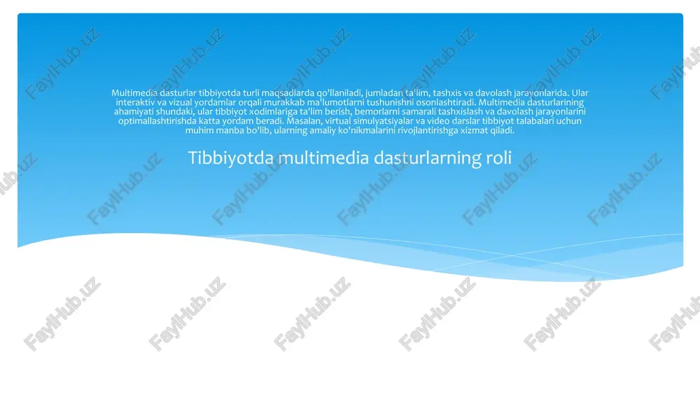 urlarining foydalari o'qitish jarayonidagi yangiliklar tibbiyotda multimedia texnologiyalarining kelajagi innovatsiyalar va strategiyalar kelajakda multimedia texnologiyalari tibbiyotda muhim o'rin egallaydi. yangi innovatsiyalar, masalan, virtual reallik va sun'iy intellekt, diagnostika va davolash jarayonlarida qo'llaniladi. bu texnologiyalar shifokorlarga ma'lumotlarni tezda tahlil qilish va bemorlarga individual yondashuvni ta'minlash imkonini beradi. tibbiyot ta'limida multimedia dasturlari talabalar uchun muhim resursdir. ular interaktiv o'qitish usullarini joriy etadi, shifokorlar va bemorlar o'rtasidagi muloqotni yaxshilaydi. misol uchun, onlayn kurslar va simulyatsiya dasturlari shifokorlar tayyorgarlik jarayonini samarali ravishda qo'llab-quvvatlaydi. multimedia dasturlarining asosiy tushunchalari multimedia dasturlari - bu turli xil axborotlarni (matn, audio, video) birlashtiradigan dasturlar bo'lib, ular tibbiyotda muhim rol o'ynaydi. ular bemorlar bilan muloqot qilishda, o'qitishda va ma'lumotlarni taqdim etishda yordam beradi. tibbiyotda multimedia dasturlarining asosiy turlari orasida interaktiv taqdimotlar, simulyatsiyalar va grafikalar mavjud. bu dasturlar nafaqat ma'lumotlarni oson tushunish imkonini beradi, balki jarayonlarni o'rganish va o'zlashtirishda ham samarali bo'ladi. ularning afzalliklari, masalan, interaktivlik, tezkorlik va vizual ko'rsatmalar orqali …