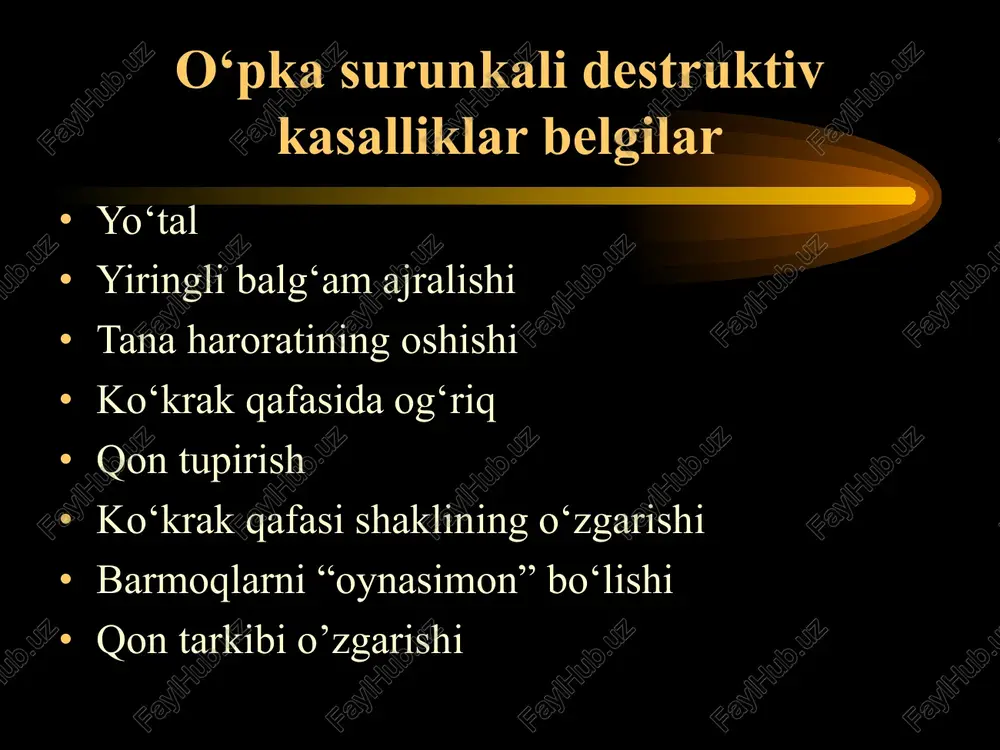 tez nafas yo‘llarining yallig‘lanish kasalliklarini ayniqsa yoshlik davrdan o‘tkazib kelganligini aniqlasa bo‘ladi. shikoyatlar bemorni asosiy shikoyati bu yiringli yoki shilliq yiringli balg‘am ajralish bilan yo‘tal. balg‘am ko‘pincha sassiq xid bilan ko‘proq ertalab uyg‘ongandan keyin ajraladi. yoki bu ajralish ma'lum bronxlarni drenajlovchi xolatda kupayadi (masalan sog‘ tomonda yotganda). balg‘am miqdori kasallik fazasidan bog‘liq bo‘lib u 30 ml dan (remissiya davrida) 100—500 ml va undan ko‘p (avj olgan davr) bo‘lishi mumkin. shikoyatlar 25—34% kasallarda ikkinchi bir axamiyatli shikoyatlardan bu bemorlarda qîí òóôèðèø bo‘ladi. ayrim kasallik xollarida (quruq bronxoektazlarda) bu belgi yagona belgi bo‘lib qoladi. bronxoektatik kasallik xurujida tana xarorati oshishi, ko‘krak qafasida og’riqlar (ko‘pincha perifokal yallig‘lanish bo‘ganda), intoksikatsiya belgilari (bosh og‘rishi, terlash, ishtaxa yo‘qolishi, ozib ketish, tez charchash, ishlash kobiliyati susayishi) paydo buladi. obstruktiv bronxit yoki o‘pkalar emfizemasida xansirash xam qo’shilish mumkin. fizikal ko’rik ko‘rik payti kasalni jismoniy o‘sishda ortda qolganini ko’rish mumkin agar kasallik yoshlikdan boshlangan bo‘lsa. kasallikni oxirgi davrlarda agar …