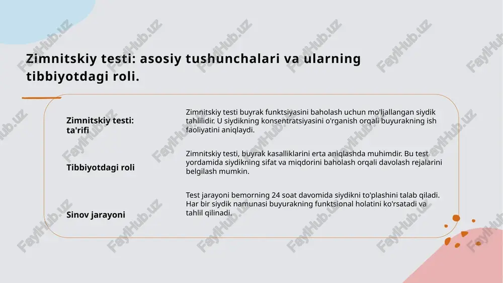 natijalarni tahlil qilish - siydik tahlilining natijalari buyrak kasalliklarini aniqlashda muhim rol o'ynaydi, shuningdek, ularning davolanish jarayonini boshqarishda qo‘llaniladi. zimnitskiy testining tibbiyotdagi roli va ahamiyati. zimnitskiy testining ahamiyati zimnitskiy testi buyrak funktsiyasini baholashda muhim rol o'ynaydi, buyraklarning siydik ishlab chiqarish qobiliyatini ko'rsatadi. diagnostik vosita ushbu test siydikni 24 soat davomida to'plash va tahlil qilish orqali buyuraklarning konsentratsiya qobiliyatini aniqlaydi, bu esa kasalliklarni erta aniqlash imkonini beradi. tibbiyotda qo'llanilishi zimnitskiy testi nefrologiya amaliyotida keng qo'llanilib, buyrak yetishmovchiligi va boshqa kasalliklarni aniqlashda muhim diagnostik vosita sifatida xizmat qiladi. siydik tahlilida zimnitskiy testining klinik qo'llanilishi. 1 zimnitskiy testining asoslari zimnitskiy testi, buyraklar funksiyasini baholash uchun zaruriy tahlil. siydikni to'plab, konsentratsiya va suyuqlik miqdorini o'lchaydi. 2 klinik ko'rinishlar test natijalari, buyrak yetishmovchiligi, dehidratatsiya va boshqa kasalliklarning klinik belgilari haqida muhim ma'lumotlar beradi, shuningdek, davolash strategiyalarini aniqlaydi. 3 tibbiyotdagi ahamiyati zimnitskiy testi, nephrologiyada asosiy rol o'ynaydi, buyrak funksiyasini kuzatish va kasalliklarni erta aniqlashda muhim vosita …