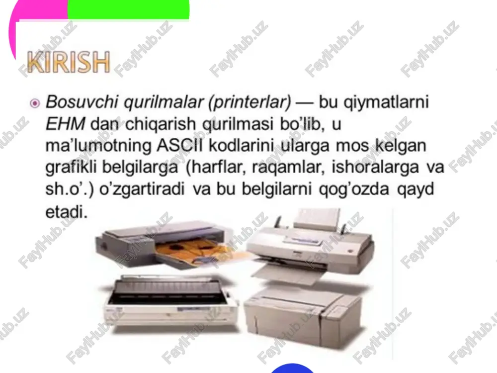 bosish (har bir belgi ikki marta bosiladi) va ikki marta o`tib bosish (ikkinchi marta belgi ozgina surilib bosiladi); kop rangli bosish (100 tagacha turli xil rang va tuslar). printerlar dunyo yuzini ilk bora 1835-yilda ko`rgan. dastlab bu uskunadan faqat bank ishlarida foydalanish ko`zda tutilgan edi.1964-yil seiko epson kompanyasi matritsali printerlarni ishlab chiqardi. matritsali printerlar tasvirni elektromagnit ta`sirida ishlovchi va ko`plab ignalardan tashkil topgan maxsus moslama(golovka) yordamida shakillantirilgan edi. 1969-yilga kelib, birinchi lazerli printerlarni ishlab chiqarish ustida bosh qotira boshlandi va1971-yilga kelib ilk lazer printerlar ishlab chiqarildi,afsuski,u labaratoryadan tashqariga chiqmadi.rasman birinchi lazer printer 1977-yili xerox 9700 electronic printing system nomi bilan ishlab chiqarildi.rangli lazer printerlari 1993-yil ishlab chiqarildi va uning narxi 12-15 ming dollar edi.apple kompaniyasi esa 1995-yil 7000 ming dollarlik laser printer 12}600ps rusumli printer ishlab chiqardi. bosishning servis rejimlari: qalin bosish, ikkilangan kenglikdagi bosish, ostiga chizib bosish, yuqorigi va pastki indekslar bilan, ajratilgan bosish (har bir belgi ikki marta …