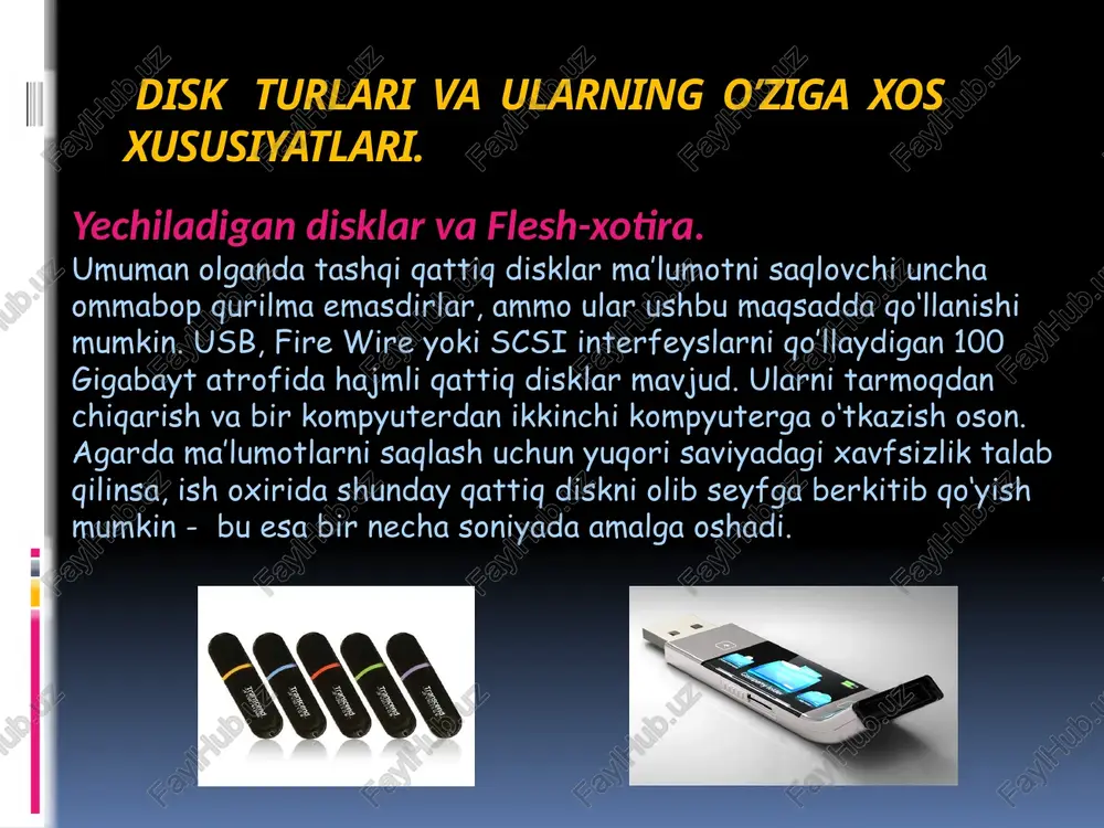 ish juda soddadir. bu xotira qurilmasi juda katta tezlikda o‘z hajmini kattalashtirib yubormoqda. optik disklar optik disklarning birinchi ko‘rinishlari 1973- yilda jim rassel tomonidan yaratilgan edi. u yaratgan bu yangi turdagi disklar televedeniye xodimlarini juda qiziqtirib qoldi. 1977- yilga kelib sony va philips firmalari tomonidan yagona raqamli optik format standarti yaratildi. ikki yildan so‘ng raqamli audiodisklar ishlab chiqarila boshlandi. bu audiodisklarning sotuvi 1982-yilga kelib ommalashdi. optik ma'lumot saqlash vositalari - cd va dvd kompakt disklar va ular bilan ishlaydigan qurilmalar; optik disklarga qo‘yilgan yana bir talab ularning olib yurishga qulay, ya’ni, cho‘ntakbop bo‘lishidir. 120 mm diametrli optik disklarda qo‘shiqning davomiyligi aynan 74 daqiqaga teng va juda ixchamdir. shuning uchun optik disklar shu hajmda ishlab chiqarila boshlagan va hozirgacha o‘zgarmagan. standart kompakt disklar ma’lum bir mbayt hajmdagi raqamli axborotni saqlay oladi. hozirgi kunda kelib, katta sonli mbayt kompakt disklar ham keng ommaga taqdim etilgan. optik diskka biron-bir ma’lumot (qo‘shiq, kino, o‘yin …
