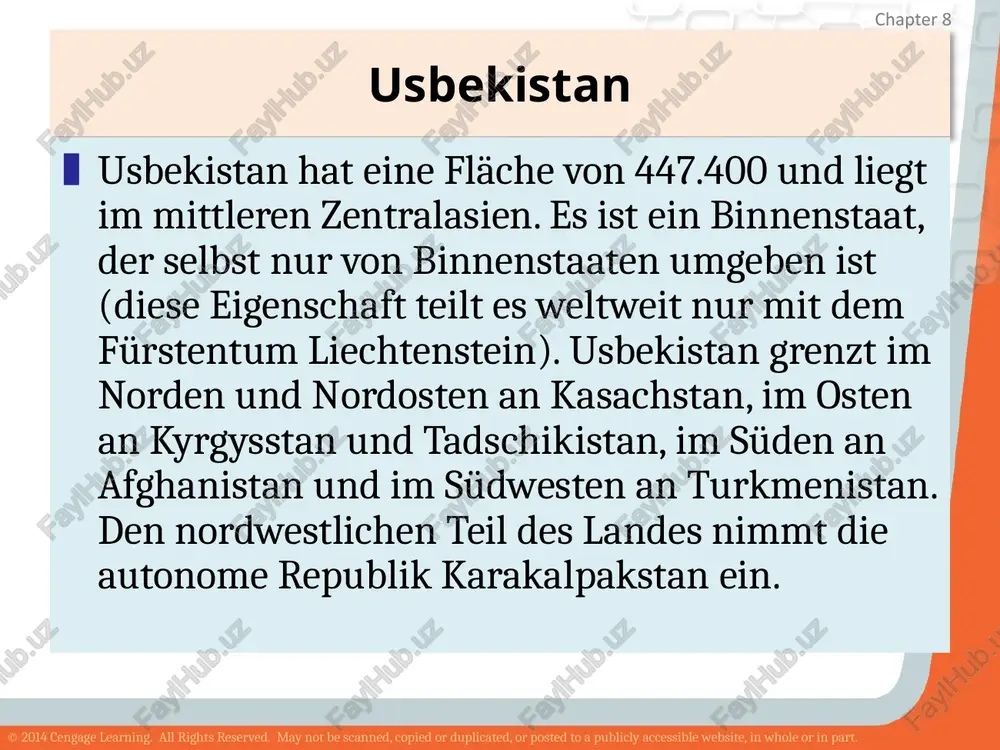 posted to a publicly accessible website, in whole or in part. chapter 8 global marketing die hymne usbekistan die hymne seit 10. dezember 1992 musik mutal burchonov worte abdulla aripov © 2014 cengage learning. all rights reserved. may not be scanned, copied or duplicated, or posted to a publicly accessible website, in whole or in part. chapter 8 global marketing serquyosh, hur o'lkam, elga baxt, najod, sen o'zing do'stlarga yo'ldosh, mehribon. yashnagay to abad ilmufan, ijod, shuhrating porlasin toki bor jahon ! naqorat: oltin bu vodiylar-jon o'zbekiston ajdodlar mardona ruhi senga yor! ulug' xalq qudrati jo'sh urgan zamon, olamni mahliyo aylagan diyor! bag'ri keng o'zbekning o'chmas iymoni, erkin yosh avlodlar senga zo'r qanot! istiqlol mash'ali,tinchlik posboni, haqsevar,ona yurt, mangu bo'l obod! naqorat: oltin bu vodiylar-jon o'zbekiston ajdodlar mardona ruhi senga yor! ulug' xalq qudrati jo'sh urgan zamon, olamni mahliyo aylagan diyor! © 2014 cengage learning. all rights reserved. may not …