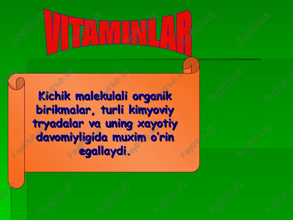 genazasining kofermenti bo’lib tpe hisoblanadi. bu modda fermentlar tarkibiga koferment sifatida kiradi. piruvatdegidrogenaza va a-ketoglutaratdegidrogenaza ferment komplekslaridir. bu kompelekslar mitoxondryalarda piruvat va a-ketoglutaratni oksidlanishini ta’minlab, uglevodlar va aminokislatalardan energiya hosil bo’lishida ishtirok etadi. tabiatda uchrashi. guruch, no’xat, loviya, jigar, buyrak, miyada ko’p. t i a m i n b1 vitamin yetishmovchiligi tiamin yetishmaganda osiyo va xindi-xitoy davlatlarida keng tarqalgan kasallik- ‘’beri-beri’’ rivojlanadi. avitaminoz b1 belgilari ; oshqozon ichak yo’li mator va sekretor vazifasi buziladi. xotira pasayadi, gallyutsinatsiya kuzatiladi, yurak qon tomiri faoliyati o’zgaradi, periverik nerv sestimasi jarohatlanadi, keyinchalik paralichlar rivojlanadi. vitamin b9 biokimyoviy funksiyasi; nuklein kislotalar, aminokislotalar sintezida ishtirok etadi, qon yaratish a’zolari faoliyatini boshqaradi tabiatda tarqalishi: go’sht, xurmo, o’rik, zamburug’ va qovoq mahsulotlarida ko’p. vitamin b12 biokimyoviy funksiyasi; oqsillar almashuvini tezlashtiradi yaxshilaydi. jigar faolyatini nor- mallashtiradi, reproduktiv salo- matlikni yaxshilaydi. tabiatda tarqalishi: sut va sut maxsulot- larida, jigarda, achchiq qalampirda juda ko’p b2 vitamini yetishmasligi natijasidagi kelib chiqadigan kasallik. …