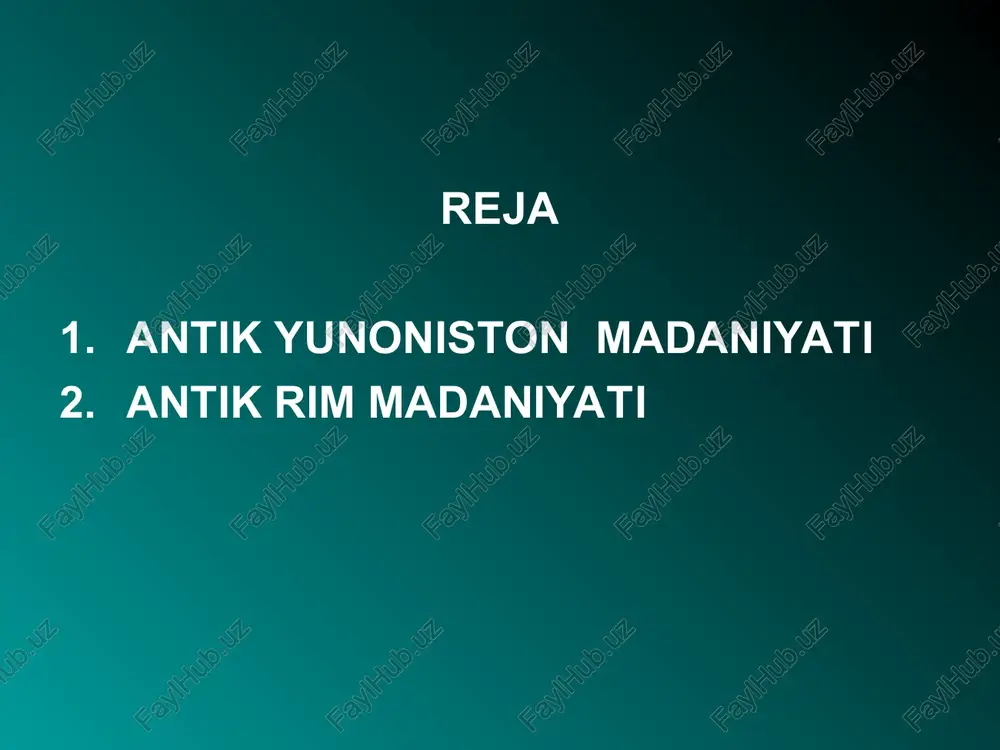 miloddan avvalgi vi-v asrlarda ikki xil ustunlar ishlatilgan. biri marmar polning o'zidan o'sib chiqqandek usti oddiy plita bilan jilolangan afinadagi gefest ibodatxonasi parfenosdagi afina ibodatxonasi miloddan avvalgi 447-438 qadimgi yunonlar madaniyati beshta davrga bo’lingan. egey madaniyati (er.avv.2800-1100yillar) gomer davri (er.avv. xi-ix ) arxaik madaniyati davri (er. avv viii-vi ) klassik (yuqori darajadagi) davri (er.avv v-iv asrlar) ellinizim davri (er.avv 323-146 yillar) minos krit shoxining taxti knos saroyining tepadan ko’rinishi artemida ibodatxonasi antik rim madaniyati antik rim madaniyati er. avv. viii asredan 476 yiligacha davom etgan. qadimgi italiyada va butun rim saltanatida madaniyat sohasida katta yutuqlar qo`lga kiritilgan. yozuv ilmiy bilimlarning eng muhim ko`rinishi sifatida miloddan avvalgi i ming yillik boshlaridan boshlab yuzaga kelgan. finikiya alifbosi finikiya yozuvi lukresiy kar goasiy ovidiy nazon vergiliy tit liviy korneliy tasit yuliy sezar tarix fani rivojlandi. tit liviy 142 jilddan iborat rim tarixini yozdi. erimizdan avvalgi i asrda galikarnass dionisiy “qadimgi rim yodgorliklaridegan kitob …