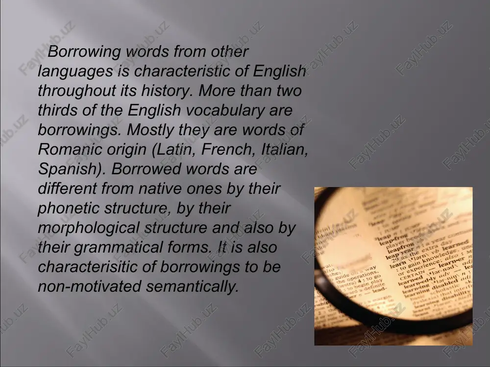 etely assimilated borrowings are not felt as foreign words in the language, as the french word «sport» and the native word «start». completely assimilated verbs belong to regular verbs: correct -corrected. completely assimilated nouns form their plural by means of s-inflexion: gate- gates. in completely assimilated french words the stress has been shifted from the last syllable to the last but one. semantic assimilation of borrowed words depends on the words existing in the borrowing language, as a rule, a borrowed word does not bring all its meanings into the borrowing language, if it is polysemantic: the russian borrowing «sputnik» is used in english only in one of its meanings. partly assimilated borrowings are subdivided into the following groups: a) borrowings non-assimilated semantically, because they denote objects and notions peculiar to the country from the language of which they were borrowed, e.g. sari, sombrero, taiga, kvass etc. b) borrowings non-assimilated …