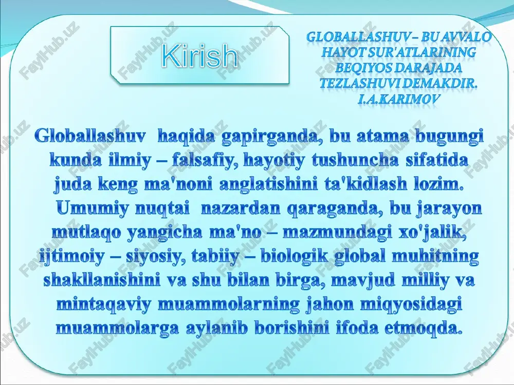 moyillarning integratsiyalashuv jarayoni ko’chmoqda. mafkuraviy jarayonlarning globallashuvida bir biridan farq qiladigan ikki yo’nalish mavjud: prezidentimiz islom karimov o'zining «milliy istiqlol mafkurasi – xalq e'tiqodi va buyuk kelajakka ishonchdir» asarida, «mafkura-jamiyatda yashaydigan odamlarning hayot mazmunini, ularning intilishlarini o'zida mujassamlashtiradi» degan edi.mafkuraviy jarayonlar tarixiy va ijtimoiy shart-sharoit bilan uzviy aloqador bo'lib, davrlar almashuvi bilan yangilik tomon o'zgaradi. ma'lumki milliy g’oya va mafkuraning tarixiy shakllari va ko'rinishlari xalqimizning ko'p ming yillik o'tmishi davrida rivojlanib keldi. bugungi zamonda mafkura poligonlari yadro poligonlaridan xam kuproq kuchga ega. masalaning kishini doimo ogox bulishiga undovchi tomoni shundaki, agar xarbiy, iqtisodiy, siyosiy tazyiq bo’lsa, buni sezish, kurish, oldini olish mumkin, ammo mafkuraviy tazyiqni, uning ta'siri va oqibatlarini tezda ilg’ab yetish nihoyatda qiyin. jaxon axborot maydonining tobora kengayib borayotgan shunday bir sharoitda bolalarimizning ongini faqat urab-chirmab, uni uqima, buni kurma, deb bir tomonlama tarbiya berish, ularning atrofini temir devor bilan urab olish, xech shubxasiz, zamonning talabi xam, bizning ezgu …