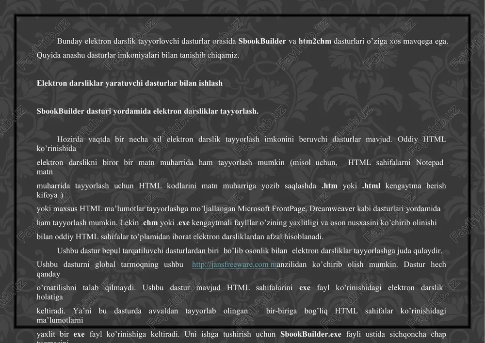 nologiyani (internet-texnologi ) ơrganishni web-dizaynning quyidagi uchta tushunchasini ơrganishdan boshlaymiz: web-sahifa, web-sayt va web-server. web-sahifa – ơzining unikal adresiga ga bơlgan va maxsus kơrish dasturi yordamida (brauzer) kơriluvchi xujjatdir. unga matn, grafika, ovoz, video yoki animasi ma'lumotlar birlashmasi - multimediyali xujjatlar, boshqa xujjatlarga gipermurojaatlar kirishi mumkin. web-sayt – bir qancha web-sahifalarning mantiqiy birlashmasi. web-server – tarmoqqa ulangan komp ter yoki undagi dastur hisoblanib, umumiy resurslarni klientga taqdim tish yoki ularni boshqarish vazifalarini bajaradi. web-serverlar ma'lumotlar bazalari va mul timedi li ma'lumotlarni bir biriga moslashtiradi; web-serverda web-sahifa va web-saytlar saqlanadi. biz internet tarmoğidagi web-sahifalarni kơrishimiz uchun www (world wide web) deb ataluvchi servisdan foydalanamiz. world wide web (www, butun dunyo ơrgemchak tơri) – bu klient-server texnologi si asosida tashkil tilgan, keng tarqalgan internet xizmatidir. gipermatnli ma’lumotlar tizimi ma’lumotlar bo’g’inlari to’plamlari, shu bo’g’inlarda aniqlangan gipermatnli aloqalar to’plamlari va bo’g’inlar va aloqalarni boshqarish instrumentlaridan tashkil topgan. world wide web texnologiyasi bu – gipermatnli …