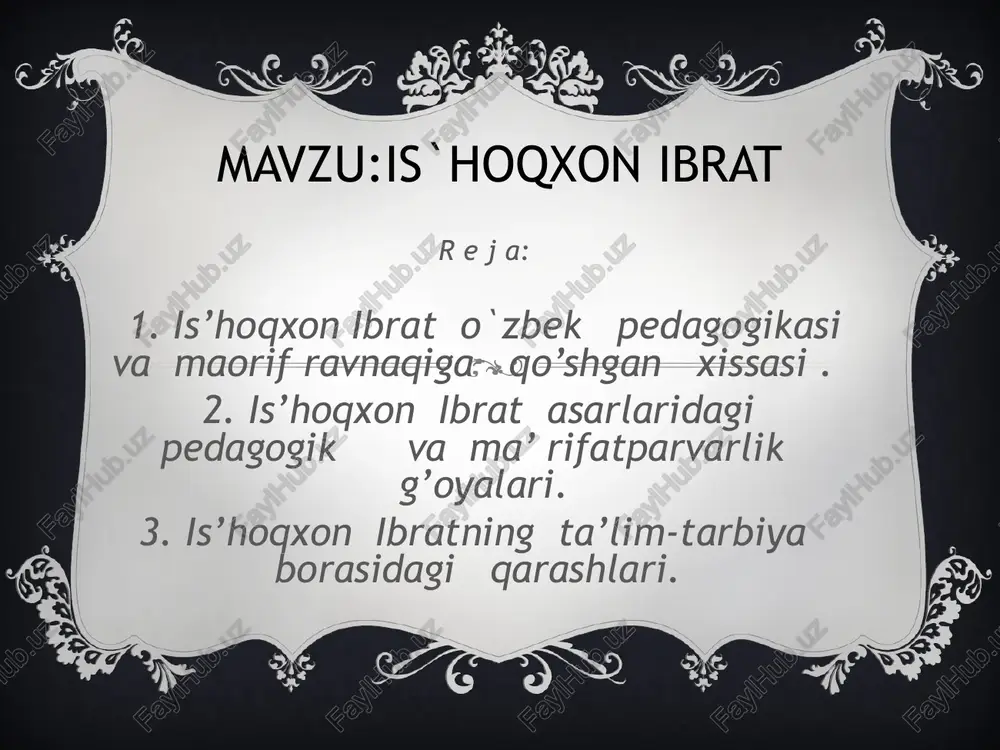 hunoslikka oid “lug’ati sittati al sina “ , “jome ‘ul -xuttut “ asarlaridan tashqari , tarixshunoslikka oid “tarixi farg’ona “, “tarixi madaniyat “, va “mezon uz-zamon “ ilmiy asarlari bizgacha yetib kelgan. is’hoqxon ibratning ta’lim tarbiya borasidagi qarashlari bo‘lma amalga muxtor ozurda jon o‘lursan, bad fikr fitnasidin dil o‘tla qon o‘lursan. gar to‘g‘ri so‘z qilursan, ul fahm egri aylar, anga tushuntururga dardi dahon o‘lursan. vallot yoki qozi kori erur mashaqqat, ashrorlar so‘zidin dardi nihon o‘lursan. gar ushlasang shariat pos ushlamoq mashaqqat, bir qo‘l nizomi davlat toki omon o‘lursan... hasmini bir-birini alar etsa muqayyad, ikkisi sanga roji’, qaydin omon o‘lursan. adling bo‘lursa aqvi, izhor aylamas hech, gar zarra zulm qilsang, xalqqa ayon o‘lursan. turkistonning chekka qishlog’ida matbaaning vujudga kelishi o’zbek xalqining fan va madaniyat sohasidagi katta yutug’ edi. bu litografiya’ni o’z faoliyatini ilm –ma’rifat tarqatishdan , maktablar uchun darslik -qo’llanmalar nashr qilishdan boshladi. u bu yerda birinchi marta 1908-yili savod chiqarishga …