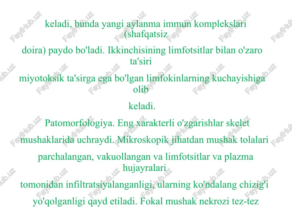 di, ba'zida aniq ifodalanadi. halqum mushaklari - ovozning xirillashiga va burun ohangining paydo bo'lishiga. ko'z mushaklarining mag'lubiyati diplopiyaga olib keladi; qovurg'alararo mushaklarning shikastlanishi nafas olish qiyinlishuvini keltirib chiqaradi, ba'zida aniq ifodalanadi. ta'sirlangan mushaklar zich yoki xamirli, hajmi kattalashgan, palpatsiya paytida og'riqli. kelajakda ular atrofiyaga uchraydi, tolali to'qimalar bilan almashtiriladi yoki ossifikatsiyalanadi. kalsifikatsiyaning o'choqlari teri ostida va mushaklarning eng ko'p ta'sirlangan joylarida lokalize qilinadi. yuzaki yaralar mayda oq massaning chiqishi bilan ochilishi mumkin. odatdagi hollarda terining shikastlanishi eritema va shish, asosan tananing ochiq qismlarida namoyon bo'ladi. paraorbital shish va eritema bilan xarakterlanadi, lilak teri rangining bir turi bilan tavsiflanadi ("ko'zoynak" belgisi). ko'z qovoqlarining shishishi tufayli ko'z yoriqlari torayadi. keyinchalik yorqin eritema mavimsi rangga ega bo'lishi mumkin. boshqa teri o'zgarishlari ham xarakterlidir: papulyar va petechial toshmalar, eroziya, peeling joylari va boshqalar ko'pincha trofik buzilishlar (mo'rt tirnoqlar, soch to'kilishi va boshqalar) qayd etiladi. dermatomiyozitda teri o'zgarishlarining zo'ravonligi boshqacha. ba'zida eritema birinchi va hatto …