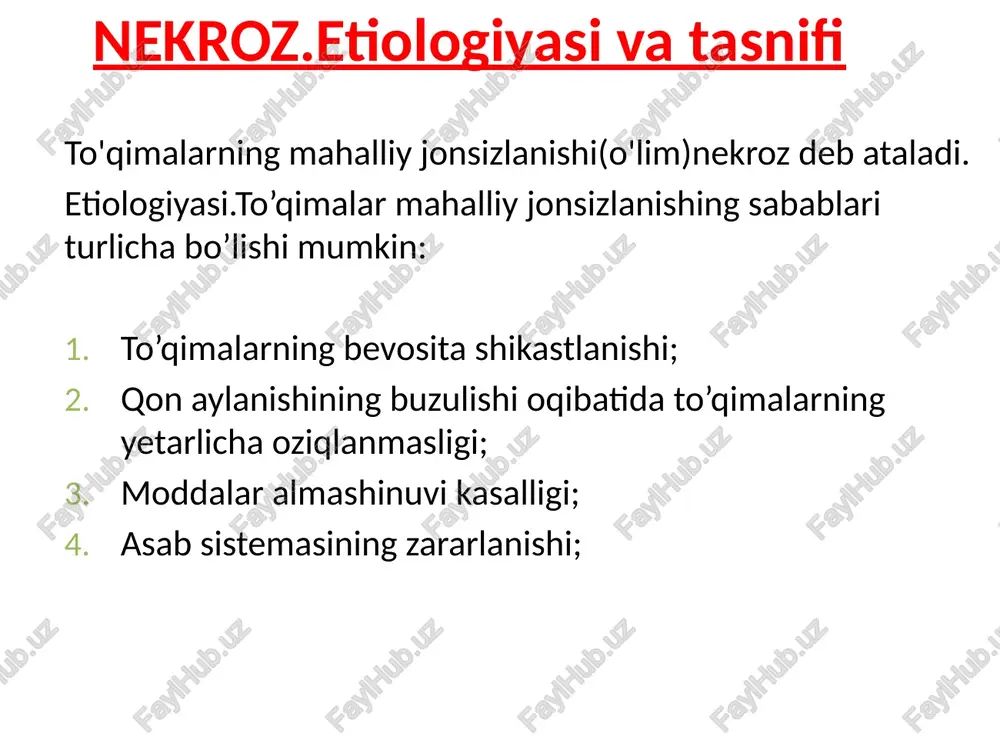 mi ham yuz bersa, gangrena kattagina joyda avj oladi. sog'lom to'qimalarni jonsizlangan to'qimalardan chegaralovchi demarkatsion chegara rivojlanadi. nekroz bo'lgan to'qimalar ajralib chiqqanda demarkatsion chiziqda biriktiruvchi to'qima hujayralari ko'payadi, leykotsitlar yig'iladi va granulyatsiya shakllanadi. davosi. infeksiya tufayli mahalliy asorat qolmasligi va quruq gangrenaning yiringli gangrenaga aylanmasligi uchun aseptika qoidalarigaqat'iy amal qilish zarur. o'lgan to'qimalar (nekrektomiya)ni kesib tashlash yoki zararlangan oyoq rosmana demarkatsion to'siq pay do bo'lguncha amputatsiya qilinmaydi. gangrena to'qimalarning bevosita shikastlanishi tufayli yuz bergan bo'lsa, amputatsiya hatto demarkatsion chiziq bo'ylab ham o'tkaziladi. agar gangrena qon aylanishi buzilishi oqibatida yuzaga kelgan bo'lsa, amputatsiya sezilarli darajada proksimal o'tkaziladi. nobud bo'lgan va tirik to'qimalarni bir-biridan farq qilish uchun intraoperatsion bo'yash usulidan foydalanish zarur (nekrotik to'qimalar bo'yalmaydi) yiringli (nam) gangrena yiringli (nam) gangrena asosan qon aylanishi haddan tashqari tez buzilgan taqdirda pastoz bemorlarda rivojlanadi (bu kasallikning kelib chiqish sababi qo‘l-oyoq tomirlarining shikastlanishi, emboliyasidir). mazkur hollarda jonsizlangan to'qimalar qurishga ulgurmay chirib buzila boshlaydi va bemor …