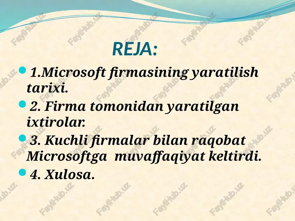 dows 95 90-yillar boshida windows haligacha ms-dos dasturiy ta'minotining ust qoplamasi hisoblanar edi.nihoyat 1995 yilda uning o'zi mustaqil dasturiy ta'minotga aylanib, ms-dos’ni siqib chiqardi.shu tariqa windows 95 dunyo yuzini ko'rdi. windows 95 ga asoslangan dasturiy ta'minotlarning juda ko'p versiyalari ishlab chiqildi, bu boradagi ishlanmalar kompaniya tomonidan bugungi kunga qadar olib borilmoqda. soha mutaxassislarining e'tibor berishicha, ishlab chiqilayotgan va keng ommaga taqdim etilayotgan dastriy ta'minotlarning biri muvaffaqiyat qozonsa, keyingisi albatta omadsizlikka uchraydi. aytaylik, xp foydalanuvchilarga ma'qul tushgan bo'lsa, vista o'z muxlislari davrasiga ega bo'la olmadi. undan keyingi model - windows 7 ham omadli ishlanma deb topildi.bil'aks, windows 8 xarajatlarini oqlashga ulgurmasdan unutildi. 12 90-yillarda kompaniya mobil aloqa vositalari bozoriga kirib kela boshladi.1996 yilda stilus yordamida matn yozishga mo'ljallangan kommunikatorlar uchun windows ce dasturiy ta'minoti ishlab chiqildi.2000 yilda esa uning o'rnini pocket pc platformasi egalladi.aytishlaricha, o'sha yillarda bu platformada ishlovchi kommunikator o'zini hurmat qiladigan har bir biznesmenning cho'ntagida bo'lgan ekan. uyali telefonlar …