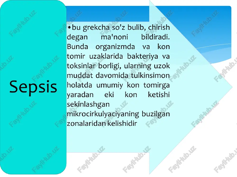 siyalar. korin bushligiga drenaj kuyish. ratsional antibakterial davolash. dezintoksikatsion davolash. aylanadigan suyuklik xajmini normallashtirish. parenteral ovkatlantirish. mikrotsirkulyatsiyasini normallashtirish kshs ni korrektsiyalash. ichaklar peristaltikasini tiklash. upka, yurak, jigar, buyrak faoliyatining buzilishini oldini olish va davolash. kompleks davolash kshs ni korrektsiyalash. aylanadigan suyuklik xajmini normallashtirish. etiboriz uchun raxmat ! hilla davri infekstiyalari. “a akusherlik peritoniti. le al sepsis ebu grekcha so’z bulib, chirish degan = ma'noni___bildiradi. bunda organizmda va_ kon tomir uzaklarida bakteriya va toksinlar borligi, ularning uzok muddat davomida tulkinsimon holatda umumiy kon tomirga yaradan eki kon _ ketishi sekinlashgan mikrocirkulyaciyaning buzilgan zonalaridan kelishidir ko’zg’atuvchi: havfli faktorlar terapevtik makroorganizm doza. holati. atrof-muhit. mikroorganizm holti. ' sistemali yalliglanishga javob sindromi —- ssvo sepsis sepsis-sindrom refrakter septik shok septik shok kechish bo’yicha: yashin tezligida kechishi o’tkir kechishi o’tkir osti kechishi . surunkali sepsis ogir umumiy holati. nafas kisishi. tahikardiya past haroratda. eritrositopeniy a. kamkonlik. = leykocitoz yoki leykopeniya. talokning toksik buyrak etishmovchiligi. preparatning …