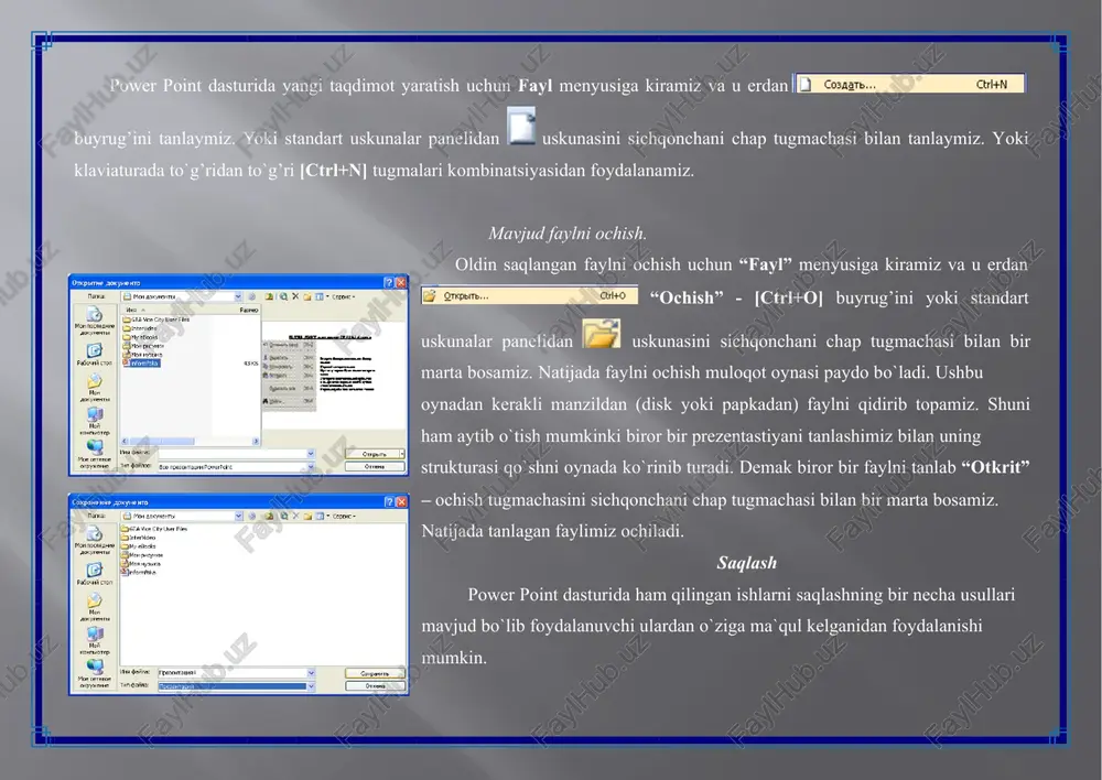 g yana bir imkoniyati bu kiritilgan o`zgartirishlarni avtomatik saqlab borishdir. avto saqlash vaqtini sozlash uchun “servis” menyusiga kiramiz va u erdan “parametro’” - hossalar buyrug’ini tanlaymiz. natijada dastur hususiyatlarini o`zgartirish muloqot oynasi paydo bo`ladi. ushbu oynaning “soxranenie” bo`limini tanlaymiz va “avtosoxranenie kajdie” qismidan vaqtni o`zimiz uchun ma`qul bo`lgan variantni tanlab qo`yamiz. bu vaqt avtomatik tarzda 10 minutda turadi. biz esa uni bir oz kamaytirishimiz mumkin. masalan: 2 min. bu vaqtni qanchalik darajada kam yoki ko`pligi kiritilgan o`zgartirishlarni tezroq vaqt oralig’ida saqlab borishni belgilaydi. power point dasturida gippersilkalar, animastiyalar kiritish va sozlash. gippersilkalar o`rnatish. gippersilka (gipperbog’lanish) o`rnatish mumkinligi power point dasturini imkoniyatini yanada oshiradi. gipperbog’lanishni oddiy matnga yoki ixtiyoriy shakllarga bog’lashimiz mumkin. misol sifatida oddiy matnga “gippersilka” o`rnatishni ko`rib chiqamiz. buning uchun biror bir so`zni blokka olamiz va sichqonchaning o`ng tugmachasini bir marta bosamiz. natijada kontekst menyusi ochiladi. bu kontekst menyudan buyrug’ini tanlaymiz. yoki “vstavka” menyusiga kirib huddi shunday buyrug’ini yoki …