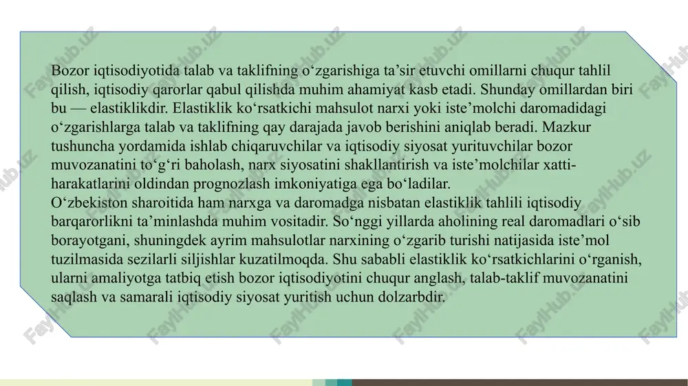 oshganda talab 20% ga kamaygan bo‘lsa, talab elastik (e=2) hisoblanadi. o‘zbekistonda 2024-yilda ayrim oziq-ovqat tovarlari, masalan, sabzavot va mevalarda narx elastikligi yuqori bo‘lgan, chunki mavsumiy narx o‘zgarishlari talab hajmiga kuchli ta’sir qilgan. aksincha, non va benzin kabi zarur mahsulotlarda talab past elastik bo‘lib qolmoqda. narx elastikligi tahlili orqali ishlab chiqaruvchilar optimal narx siyosatini belgilaydi va foyda darajasini barqarorlashtiradi. daromad elastikligi aholining real daromadlari o‘zgarganda, ularning tovar va xizmatlarga bo‘lgan talabi qanday o‘zgarishini ifodalaydi. bu ko‘rsatkich turli tovar guruhlari bo‘yicha farqlanadi: zarur mahsulotlar uchun past, hashamatli tovarlar uchun esa yuqori bo‘ladi. masalan, 2023-yilda o‘zbekistonda aholining o‘rtacha daromadi 11,7% ga oshganda, xizmatlar va elektronika mahsulotlariga talab 15–18% ga o‘sdi. bu daromad elastikligining yuqori ekanini bildiradi. formula shaklida bu quyidagicha ifodalanadi: a b daromad elastikligi tahlili korxonalar uchun marketing strategiyasini ishlab chiqishda muhim rol o‘ynaydi. ular bu yordamida qaysi tovarlarga aholi daromadi oshishi bilan talab ortishini oldindan prognozlay oladi. narx va daromad elastikliklari …