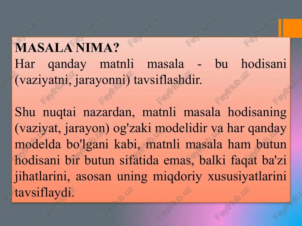lar image2.png image3.png image4.png image5.jpeg image6.jpeg image7.png image8.png image9.jpeg image10.jpeg image11.jpeg murod - 4 ta soll 5 aziza - ? 3 ta ko'proqg éta osildi - ? ta | 36 ta a qoldi - 8 ta va 6 t i kun - x bet ikun-x +1 bet iii kun - x +2 bet iv kun - x +3 bet 22 bet ‘et {a} fo} fs} {a)--[e} {a}: pany sanraany any 112 [3] 4| 5] 6| 7] 8 |9 [10 a 8, uyga 500kg yuk ko'tara oladigan lift o'mnatilgan. liftda uchta jf quruvehi ko'tarilmogda. ulaming massasi 85kg, 92kg va 103kg. agar bir gop sementning massasi 20kg bo'lsa, ular o’zlari bilan necha gop sement olishlari mumkin? 2 40. maktabda 876 nafar o'g'il bola va ulardan 48 nafar ko'p qiz bola o'giydi. dushanba kuni 27 nafar o’g'il bola va ulardan uch marta kam qiz bola maktabga kelmadi. dushanba kuni maktabda gancha o'quvchi bo'lgan? …