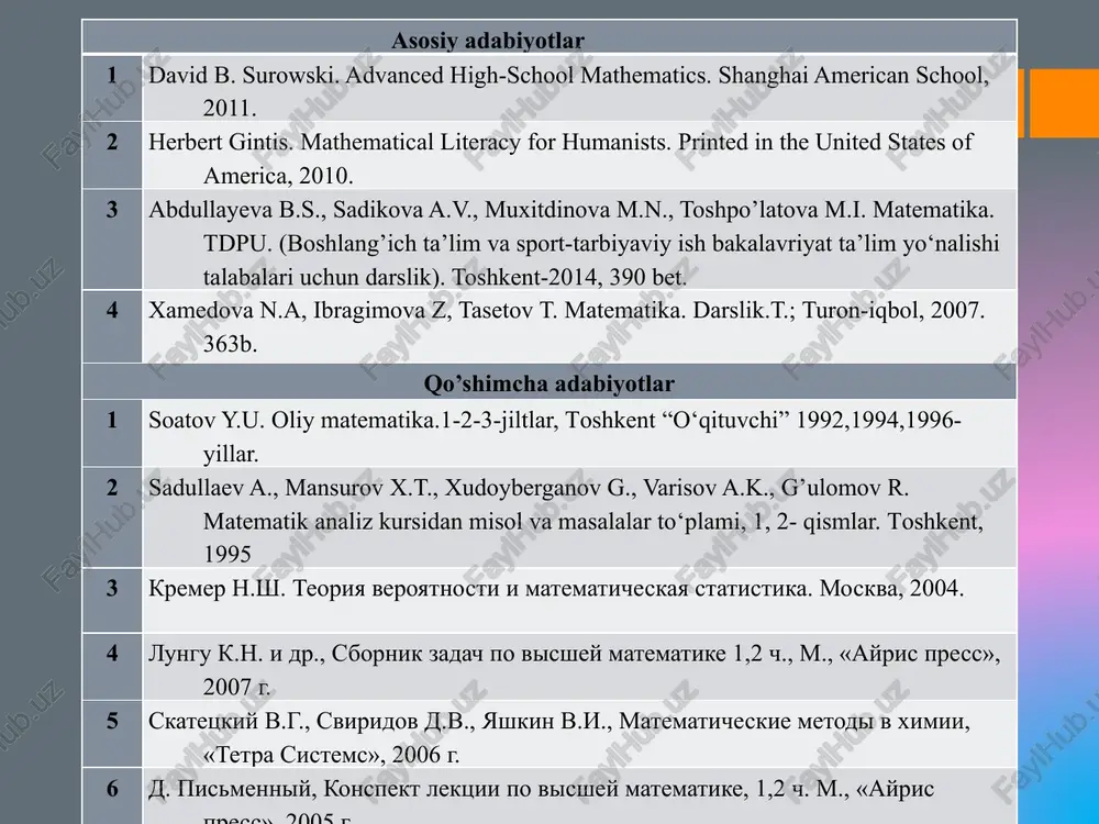 3o. agar a ⁝ b va a> 0 bo'lsa, a≥b bo'ladi, ya’ni (∀a,b∈n) (a ⁝ b ˄ a > 0  a≥b). 4o. bo’linish munosabati antisimmetrik, ya'ni (∀a,b∈n) (a ⁝ b ˄ b ⁝ a  a = b). 5o. bo’linish munosabati tranzitiv, ya 'ni (∀a,b,c∈n) (a ⁝ b ˄ b ⁝ c  a ⁝ c). (m: 20 ⁝10, 10 ⁝ 5  20 ⁝ 5) 6o. 0 soni istalgan natural songa bo’linadi, ya'ni (∀a∈n) 0 ⁝ a  a ·0=0 7o. 0 dan farqli istalgan son 0 ga bo’linmaydi (∀a∈ n0 ˄ a≠0) 8o. 0: 0 amali aniqlanmagan. bo'linish munosabatining xossalari 1-teorema. agar a va b sonlar c songa bo'linsa, ularning yig'indisi ham c ga bo'linadi. (∀a, b, c ∈ n) (a ⁝ c ˄ b ⁝ c  (a+b) ⁝ c). 2-teorema. agar a va b sonlari c ga bo'linsa va a ≥ b bo'lsa, a - …