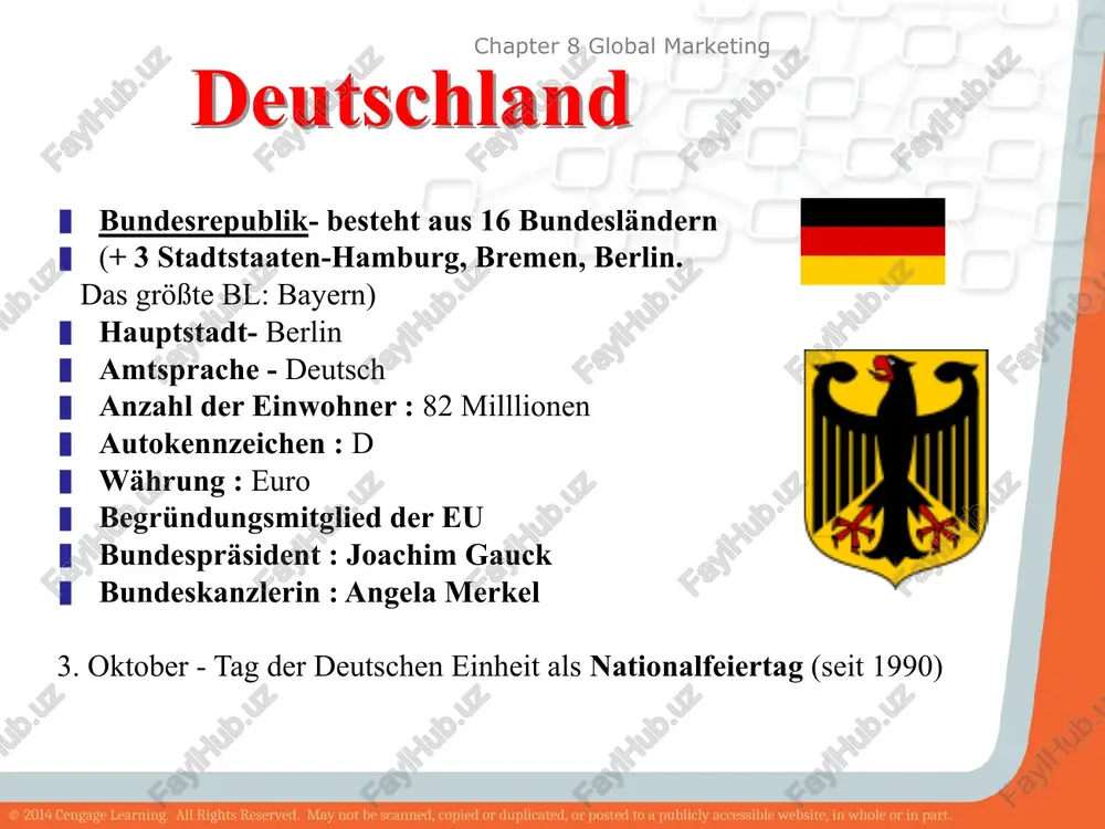 opied or duplicated, or posted to a publicly accessible website, in whole or in part. chapter 8 global marketing bayerisches weizenbier eisbein auf sauerkraut wurst gibt es in allen regionen deutschlands weißwürste mit brezn und süßem senf bratwurst typische nationalspeisen: © 2014 cengage learning. all rights reserved. may not be scanned, copied or duplicated, or posted to a publicly accessible website, in whole or in part. chapter 8 global marketing berlin brandenburger tor fernsehturm pergamonmuseum berlinerdom © 2014 cengage learning. all rights reserved. may not be scanned, copied or duplicated, or posted to a publicly accessible website, in whole or in part. chapter 8 global marketing bayern alpen ludvig von bayern neuschweinstein © 2014 cengage learning. all rights reserved. may not be scanned, copied or duplicated, or posted to a publicly accessible website, in whole or in part. chapter 8 global marketing deutschland ist sportland! © 2014 cengage learning. all …
