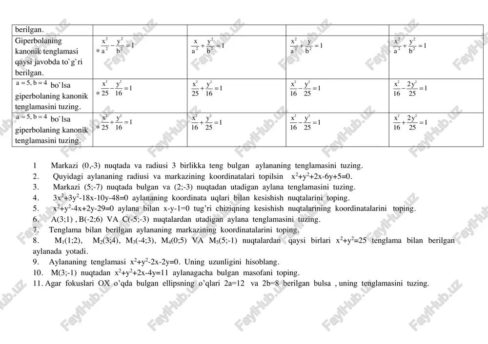 ni toping. 19.a(√3;√6 ) va b(3;√2) nuqtalardan o’tuvchi ellipsning tenglamasini tuzing. ellipsning fokuslari ox o’qida yotadi. 20.x2/225+y2/25=1 ellipsning tenglamasidan direktrisasini toping.