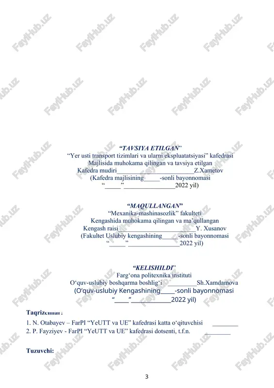 ida ularning detallari va yig‘ma birliklari turli sabablarga ko‘ra ishga yaroqsiz yoki ish sifatiga salbiy ta’sir etadigan holatga kelishi mumkin. jumladan, nisbiy harakatdagi tutash yuzalar ishqalanish natijasida yeyilishi muhit ta’sirida yemirilishi, me’yoridan ortiq yuk ostida yoki o‘zgaruvchan kuch ta’siridan toliqishi oqibatida sinishi, ortiqcha yuk va harakat ta’sirida plastik deformasiyalanishi, hamda yeyilishi sababli belgilangan texnologik va konstruktiv tirqishlar me’yordan ortib yoki kamayib ish sifatiga putr yetkazishi mumkin. har qanday texnika vositalarinnng ish bajarish qobiliyatini saqlab turish, ish resursini uzaytirish uchun ta’mirlash ishlarini bajarish kerak. buning uchun barcha turdagi texnika vositalariga muntazam tarzda texnik xizmat ko‘rsatib va ta’mirlash ishlarini amalga oshirib turish lozim. mashina va jihozlarga texnik xizmat ko‘rsatish va ta’mirlash ishlari bevosita mazkur korxonaning o‘zida ta’mirlash bo‘limi, syexi tarzida yoki alohida faoliyat ko‘rsatuvchi ta’mirlash zavodi, texnik xizmat ko‘rsatish shahobchasi kabi maxsus korxona tarzida tashkil etilishi mumkin. texnik xizmat ko‘rsatish va ta’mirlash korxonalari ham zamon talablariga javob berishi, progressiv texnika va texnologiyalari …