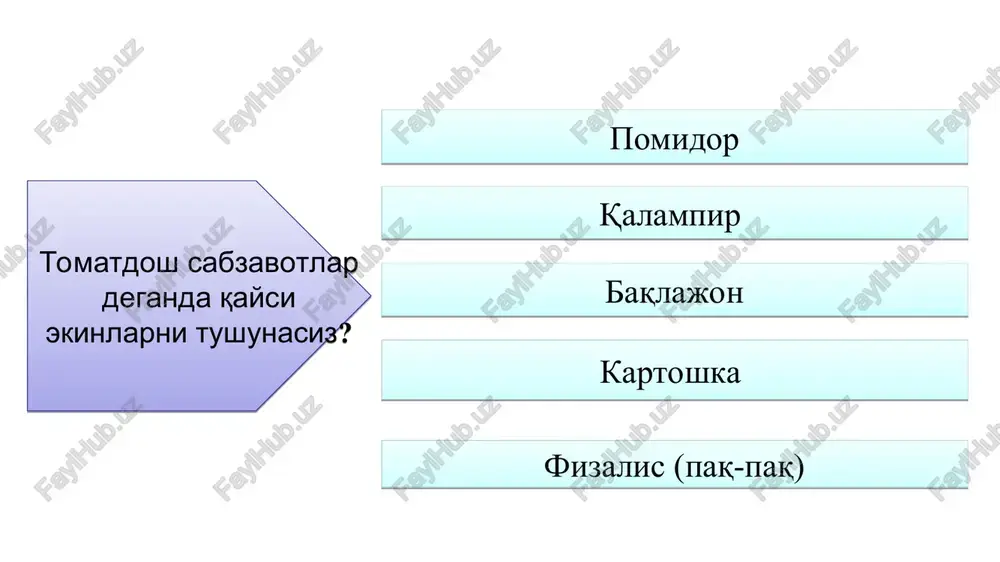 s ularni pomidorga qaraganda biroz keyinroq: respublika janubida 15-20 aprelda, markaziy qismida 20-30 aprelda va shimoliy mintaqasida 1-10-mayda ekiladi. ko'chatlar ekin maydoniga keng qatorli usulda - baqlajon 70x40 sm yoki 90x35 sm, qalampir 70x30 yoki 90x25 sm shaklda joylashtiriladi. shirin qalampirni zumrad, dar tashkenta, maratos f1, orion f1, achchiq qalampirni margelanskiy 330, pikatniy, tillarang va baqlajonni avrora, erevanskiy, feruz, quvonch kabi nav namunalari ekilmoqda. qalampir va baqlajonni o'ziga xos xususiyatlari qalampirni ikki xil ya'ni shirin va achchiq turiga bo'linadi. ularni ajratib turuvchi tarkibidagi kaptsiatsin moddasi bo'lib, uning me'yoriga qarab ajratiladi. baqlajonni faqat texnik pishish davrida iste'mol qilinadi, biologik pishish davrida mevasi tarkibida solanin moddasi ko'payib ketadi. qalampir va baqlajonni pavarishlashda agrotexnik tadbirlar pomidor singari olib boriladi. baqlajonda pomidor va qalampirga nisbatan sug'orishlar soni 2-3 martaga kamroq bo'ladi. pomidor mevasidan naviga qarab 0,2-0,6 % urug' chiqadi. bir gektardan 80-100 kg va undan ko'p urug' olish mumkin. chuchuk va achchiq qalampirdan har …