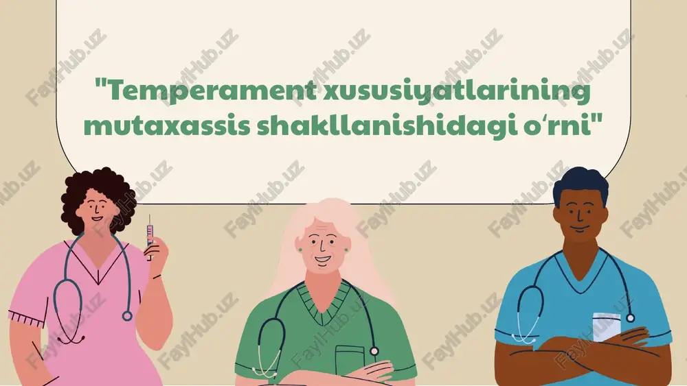 uhitga tez moslashadi. - kholerik: kuchli liderlik qobiliyatlari; qaror qabul qilishda tezkorlik va ishonchli. - melankolik: yuqori analitik qobiliyat; chuqur fikrlash va muammolarni hal qilishda muvaffaqiyatli. - flegmatik: tinch va sabrli; jamoada muvozanatni saqlashda yordam beradi. temperament turlarining mutaxassis shakllanishidagi roli temperament xususiyatlarining mutaxassis shakllanishidagi oʻrni temperament turlari temperament turlari - melankolik, xolerik, flegmatik va sangvinik - har biri o'ziga xos xususiyatlarga ega. melankoliklar, mas'uliyatli va chuqur fikrlovchi bo'lib, ijodiy kasblarda muvaffaqiyat qozonishlari mumkin. xoleriklar - energiya va liderlik qobiliyatiga ega, shuning uchun rahbarlik rollarida yaxshi natijalarga erishishadi. flegmatiklar tinchliksevar va muvozanatli, bu esa ularni jamoada samarali ishlovchi sifatida ajratib turadi. sangviniklar esa ijtimoiy va ochiq, shuning uchun savdo va marketing sohalarida muvaffaqiyatli bo'lishi mumkin. har bir temperament kasb tanlashda va ishdagi muvofiqlikda muhim ahamiyatga ega. temperament va mutaxassislik muvaffaqiyati temperament xususiyatlari mutaxassislik muvaffaqiyatida muhim rol o'ynaydi. tadqiqotlar shuni ko'rsatadiki, temperamentning turli turlari, masalan, ekstroversiya va introversiya, ish joyida qanday …