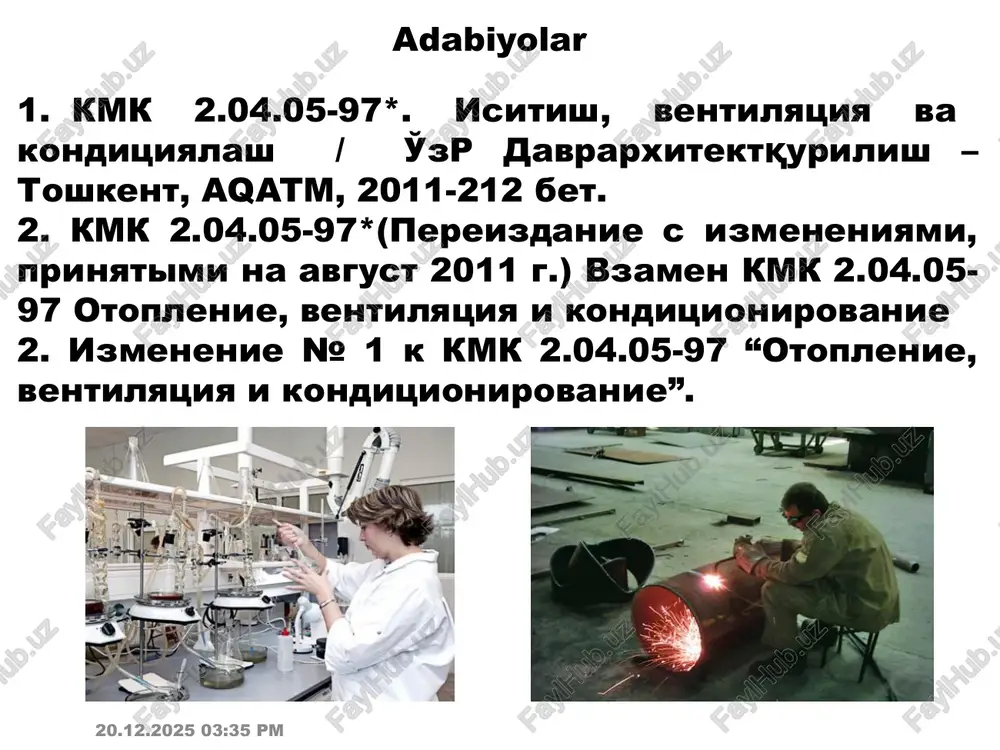 yasiya tizimini o‘chirish; b) yong‘in vaqtida tutunga qarshi himoya tizimlarini ulash; v) yong‘in sodir bo‘lgan xonalar yoki tutun zonalaridagi yoki yong‘in bo‘layotgan yo‘lakdagi tutun klapanlarini ochish va yong‘inni tutib turuvchi klapanlarni yopish uchun avtomatik blokirovka qilishni ko‘zda tutish lozim. 18.05.2022 19:33 ventilyatsiya havo almashuvini ta’minlashi lozim: ≥ har bir ishchi uchun 30 m³/soat xona hajmi bir kishiga 20 m³ gacha bo’lsa; ≥ 20 m³/soat – xona hajmi bir kishiga ≥ 20 m³ bo’lganda; tabiiy ventilyatsiya bo’lmaganda har bir kishi uchun havo sarfi ≥ 60 m³/soat. ortiqcha issiqlik miqdorini chiqarib tashlash uchun almashtiriladigan havo hajmi l: l = 3600 qois/cρ(tch- tkk), qois - ortiqcha issiqlik miqdori, dj/s; tch – chiqazilayatgan havo harorati, k; tpr – kiritilayatgan havo harorati, k; c – havoning solishtirma issiqlik sig’imi, dj/(kg·k); ρ – 293 k havoni zichligi, kg/m³. 18.05.2022 19:33 xonadagi zararli moddalar miqdorini me’yorigacha kamaytirish uchun almashtirish kerak bo’lgan havo hajmi l: l = g/(qch …