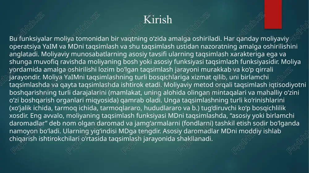 a moliya vazirligining hisob-kitob kassa va boshqa xizmatlaring vakolatida boshqa imtiyozlar 3. yetakchi xorijiy mamlakatlarning davlat moliyaviy tizimi: rivojlangan xorijiy mamlakatlarning davlat moliyaviy tizimi moliyaviy munosabatlarning quyidagi bo‘g‘inlaridan iborat: davlat byudjeti tizimi bu davlatlarda byudjet tizimining tarkibiy tuzilishi (tuzilmasi), eng avvalo, davlat tuzilishiga (qurilmasiga) bog‘liq. unitar (yagona) davlatlarda byudjet tizimi quyidagi ikki bo‘g‘indan iborat davlat byudjeti ko’p sonli mahalliy byudjetlar (shaharlar,okruglar,qishloq okruglari byudjeti) maxsus fo’ndlar davlat korporatsiyalari moliyasi davlat krediti va mahalliy hokimiyat organlari kreditlari, federativ davlatlarda esa – federatsiya a’zolarining krediti moliyaviy tizimni umumiy boshqarish mamlakatning oliy hokimiyat va boshqaruv organlari tomonidan amalga oshiriladi. umumdavlat miqyosida moliyaviy boshqaruv tizimi quyidagi boshqaruv organlaridan tashkil topishi mumkin: 4. moliyaviy boshqaruv organlari va ularning vazifalari moliyaviy boshqaruv tizimi boshqaruv subyektlari pirovard maqsad va moliyaviy tizim moliyaviy barqarorlik prezident; parlament; hukumat; moliya vazirligi; davlat soliq qo‘mitasi; markaziy bank; hisob palatasi va boshqalar makroiqtisodiy muvozanat; byudjet rejalarining profitsitligi; davlat qarzining mavjud emasligi; mustahkam (barqaror) …