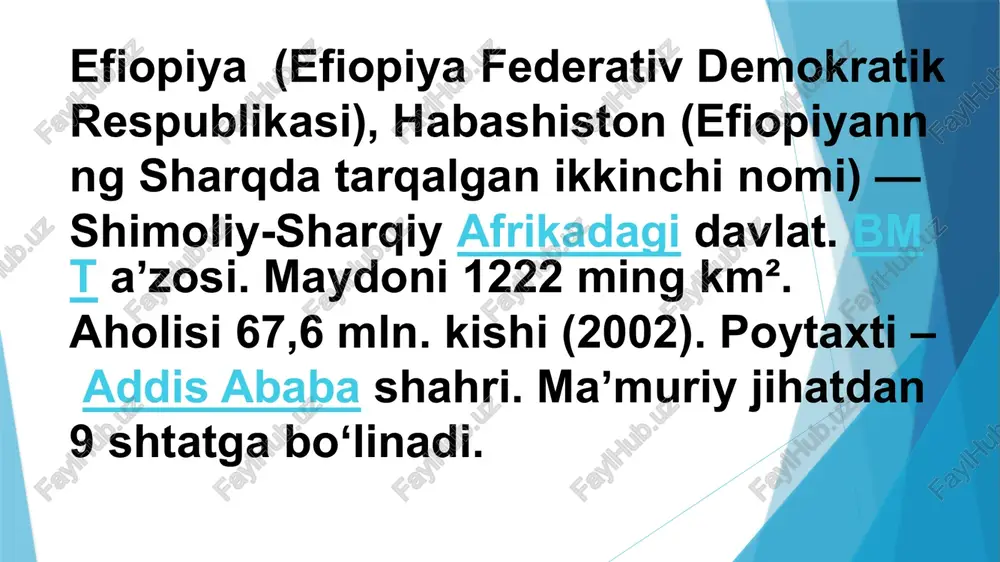 hinlari sudan hududidan efiopiyaga kirib, italyan qoʻshinlariga qarshi hujum boshladilar va 1941-yil oxirida efiopiyani italyan qoʻshinlaridan ozod qildilar (harbiy harakatlarda qatnashgan ingliz qoʻshinlari mamlakatdan 1954-yil chiqib ketdilar). 1942-yil mamlakatda qulchilikni taqiqlash va qullarni ozod qilish toʻgʻrisida farmon eʼlon qilindi. 1952-yil btm bosh assambleyasining qaroriga muvofiq italiyaning sobiq mustamlakasi – eritreya federativ asosda efiopiyaga qoʻshildi. 1962-yil eritreyaning federativ maqomi imperatorlik hukumatining tazyiqi bilan bekor qilindi va u efiopiya bilan toʻliq birlashdi. 20-asr 60– 70-yillarida turli ijtimoiy qatlamlarning faolligi kuchaydi. agrar islohotlar haqidagi masalani hal etishning choʻzilishi, 1973-yildagi qurgʻoqchilik va yuz minglab kishilarning ochlikdan halok boʻlishi, narxnavoning oshib, yuqori amaldorlar oʻrtasida poraxoʻrlikning avj olishi 1974-yil boshiga kelib monarxiya tuzumining ijtimoiy-iqtisodiy va siyosiy tangligini kuchaytirdi. 1974-yil fevralda ish tashlash va namoyishlar boshlandi. u mehnatkashlarning monarxiyaga qarshi inqilobiga aylanib ketdi va 1974-yil 12-sentabrda xayle selassiye i agʻdarib tashlandi 1975-yil martda mamlakat respublika deb eʼlon qilindi va sotsialistik efiopiya deb ataddi, 1987-yil sentabrdan efiopiya xalq …