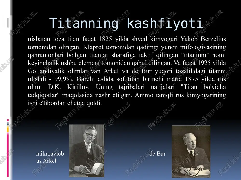 ayonlarida (tuzsizlantirish zavodlari, sellyuloza va qog'oz jarayonlari), avtomobilsozlik, qishloq xo'jaligi sanoati, oziq-ovqat sanoati, sport buyumlari, zargarlik buyumlari, mobil telefonlar, engil qotishmalar va boshqalar. ilova titan fiziologik jihatdan inertdir, shuning uchun u tibbiyotda (protezlar, osteoprotezlar , tish implantlari), stomatologik va endodontik asboblarda, zargarlik buyumlarini teshishda qo'llaniladi. titan quyish vakuumli pechlarda grafit qoliplarida amalga oshiriladi. vakuum yo'qolgan mum quyish ham qo'llaniladi. texnologik qiyinchiliklar tufayli u badiiy kastingda cheklangan darajada qo'llaniladi. birinchi monumental quyma haykal moskvadagi yuriy gagarin nomidagi maydonda o'rnatilgan haykaldir . qiziq faktlar dunyodagi eng qattiq metallning eng yirik ishlab chiqaruvchisi rossiyaning vsmpo- avisma korxonasi bo'lib, ushbu metallga bo'lgan titanlarning umumiy jahon zaxirasi 700 million tonnadan oshadi. agar ishlab chiqarish sur'atlari bir xil bo'lsa, yana 150-160 yil davomida titan etarli bo'ladi. mexanik zichligi alyuminiydan 6 baravar, temirdan 2 baravar yuqori. u kislorod, vodorod, azot bilan birlashishi mumkin. uglerod bilan birlashganda, metall nihoyatda qattiq karbidlarni hosil qiladi. issiqlik o'tkazuvchanligi temirnikidan 4 barobar, …