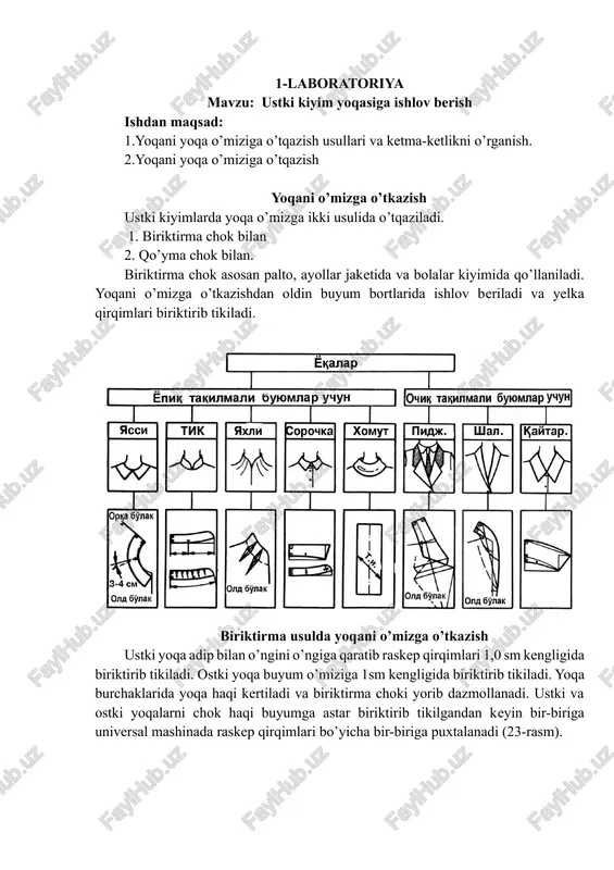 k yoqalar; · taqilmasi yuqorigacha yetgan va adip qaytarmasigacha yetgan kiyimlarning turli yoqalari. tashqi ko’rinishiga binoan shakli qandayligiga qarab, yoqalarning ko’rinmaydigan ichki tomoni ko’tarma, ko’rinib turadigan tashqi tomoni esa qaytarma deyiladi. yoqa ko’tarmasi alohida qism sifatida va yoqa qaytarmasi bilan yaxlit bichilgan bo’lishi mumkin. yoqa ustki yoqadan, ostki yoqadan va qotirmadan iborat bo’ladi. yoqaga ishlov berish uchta bosqichda amalga oshiriladi: ostki yoqani tikish va qotirma yopishtirish, ostki yoqaga ustki yoqani ulash, yoqani yoqa o’miziga o’tqazish. yoqalar konstruktsiyasini tasnifi yoqa - kiyimning eng ko`zga tashlanib turadigan detallaridan biri bo`lib, boshqa yirikroq detallarga qaraganda tez-tez o`zgarib turadi. yoqa moda yo`nalishi haqida ma'lumot tarqatuvchidir. kiyim modelining o`ziga xos xususiyatlari ko`p jihatdan yoqasining shakli va o`lchamiga bog`liq. eng sodda qaytarma yoqa bo`yin va yelkani yopib turadi. u bo`yin atrofida joylashgan ko`tarmadan iborat. bunday yoqalarning tashqi ko`rinishi va konstruksiyasi hamda barcha konstruktiv elementlarning nomlari (89-rasm)da berilgan. 1. rasm. yopiq taqilmali yoqalarning tashqi ko`rinishi va ularning …