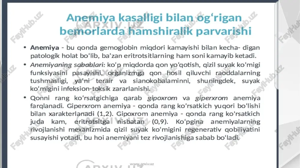 . kamqonlikka olib keladigan qon ogishining eng ko‘p uchraydigan sabablariga jarohatlanish, abort yoki tug‘ish, bachadon raki yoki fibromasi, me’da, ichaklar raki, me’da yoki o'n ikki barmogli ichak yarasi, bavosir, o‘pka sili yoki to‘qimaning zo‘r berib parchalanishi bilan o‘tadigan boshqga o‘pka kasalliklari, gemorragik diatezning har xil turlari kiradi. qon oqqandan keyin kuzatiladigan kamgonlikning klinik manzarasi va o‘tishiga qarab, uni ikkiga ajratish kerak: . o'tkir qon yo‘gotish natijasida paydo bo‘ladigan kamgonlik. © og'ir hodisalardakomatozholat boshlanib, odam qattiq hansiraydi, tana harorati 34—-33°c gacha pasayib ketadi, yurak urishi arang bilinadi, mushaklar tortishib, sianoz paydo boiadi. bu og'ir o‘zgarishlarning kelib chigishi bosh miya va yurak singari a’zolarga kislorod yetishmay qolishi bilan bog'liq. temir-yetishmovchiligidan paydo bo ladigan kamgonlik * qonda temir miqdori 3,6—5,4 mkmol/l.ga tushadi. bu davrda qonda eritrotsitlar kamayadi, leykotsitlar, trombotsitlar soni o‘zgarmaydi. kamgonlikning 80 % ga yaqinini temir yetishmas- ligidan kelib chiqqan kamgonlik tashkil giladi. bunda gon zardobi va suyak ko'migida temir miqdori kamayib …