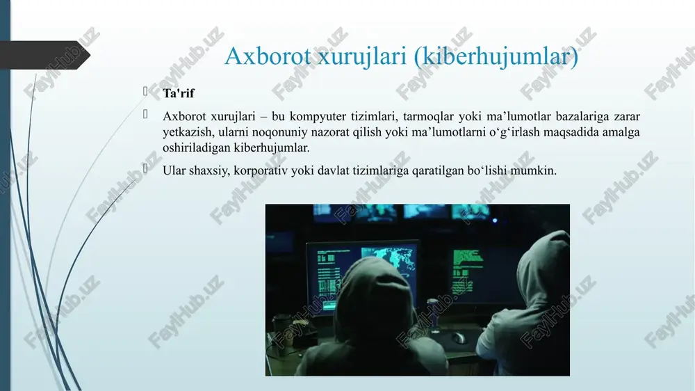 olish, avlarni chetlab o‘tish. credential access / lateral movement — boshqa tizimlarga tarqalish. exfiltration / impact — ma’lumotni chiqarish yoki tizimni shifrlash. eslatma: hujum bosqichlarini bilish — himoya va aniqlash uchun juda muhim; biroq bularning texnik exploit qadamlarini keltirmaymiz (bu noqonuniy amaliyotlarni o‘rgatishdan saqlanish uchun). indikatorlar (ioc) va qizil bayroqlar noto‘g‘ri vaqt vaqti bilan loglarda paydo bo‘ladigan yangi foydalanuvchi sessiyalari. kutilmagan ma’lumot oqimi (odatdagi protokollarga mos kelmaydigan katta trafik). boshqa hududlardan yoki kechki vaqtlaridan kirishlar. fayllarning kutilmagan shifrlanishi yoki fayl nomlarining o‘zgarishi. reputatsiya past bo‘lgan domenlarga ulanishlar. ko‘p marta muvaffaqiyatsiz kirish urinishlari (brute force belgisi). aniqlash va kuzatuv (monitoring) siem — loglarni markazlashtirish va korelyatsiya (alarmlar, davranish tahlili). edr — endpoint darajasida anomaliyalarni ushlash. nta (network traffic analysis) — tarmoqda g‘ayrioddiy oqimlarni aniqlaydi. threat intelligence — ioc larni yangilab turish va ularga nisbatan qoidalar yaratish. user behavior analytics (uba) — foydalanuvchi xulq-atvoridagi o‘zgarishlarni aniqlash. himoya va profilaktika — texnik va …