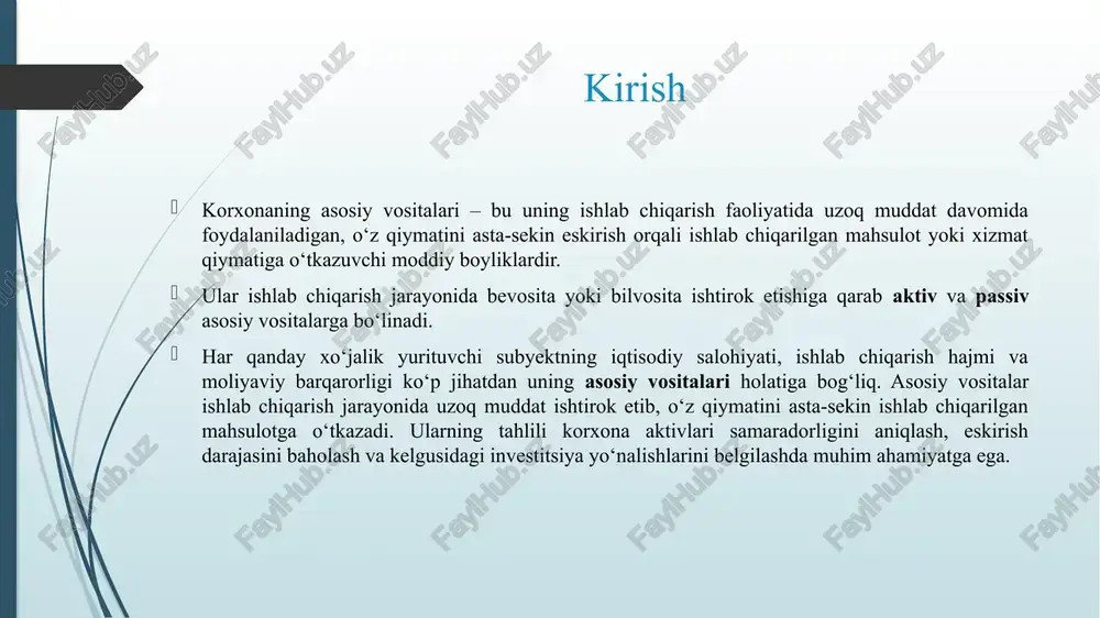 i xulosalar chiqariladi: aktiv vositalarning ulushi ortib borishi ishlab chiqarish samaradorligining oshishini bildiradi; passiv vositalarning haddan tashqari ortishi korxonaning moliyaviy yukini oshiradi; asosiy vositalarning o‘z vaqtida yangilanmasligi ishlab chiqarish sur’atining pasayishiga olib keladi; fond qaytimi va fond sig‘imi ko‘rsatkichlari korxonaning texnik va iqtisodiy holatini aniqlashda muhim mezon hisoblanadi. ularning asosiy turlari: ishlab chiqarish dastgohlari va uskunalar; transport va yuk ko‘taruvchi mexanizmlar; ishlab chiqarish uchun zarur energiya uskunalari; kompyuter, raqamli boshqaruv tizimlari va avtomatlashtirilgan qurilmalar; laboratoriya asbob-uskunalari. faoliyatdagi roli: aktiv vositalar ishlab chiqarish hajmini, mehnat unumdorligini, mahsulot sifatini va tannarxni belgilovchi omildir. shu bois korxona rahbariyati ularning texnik holatini doimiy nazorat qilib, modernizatsiya va yangilanish dasturlarini ishlab chiqishi kerak. asosiy vositalarni tahlil qilishning maqsadi va vazifalari asosiy vositalarni tahlil qilishning asosiy maqsadi — ularning tarkibi, tuzilmasi, texnik holati va samaradorligini aniqlashdir. tahlil vazifalari: aktiv va passiv vositalarning umumiy qiymatdagi ulushini baholash; ularning eskirish va yangilanish darajasini aniqlash; asosiy vositalardan foydalanish samaradorligini …