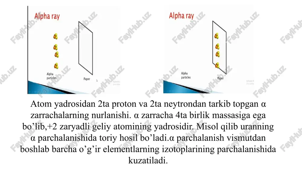 lanish uzoqligi : 20 m gacha *nurlar tezligi : 300 000 km/s vv *biologik ta’siri : o’rtacha brora beta nurlanish- elektronlar oqimi heee science gamma energy y ach 1) does not consist any particle. 2) gamma particle have high energy. 3) this energy we called photon. 4) it can travel long distance than beta or alpha particle. ee gamma energy radioaktiv nurlarning o’tuvchanligi qog’oz metall suv beton qe"rg'oshin a pages i iew comments forms tools help q |be sh ek’- & k gwe z-sabea 24 1.2, ionlantiruychi nurlanishlar biologik ta’ asoslarining taysifnoma: 1.2.1. organizmga nurlanish ta’sirining biologik samarasi nurlanishlaming organizmga ta’siri yutilgan nurlanish energiyasi kattaligi, nurlantirish turi (tashqi, ichki), shuningdek, a’zolarning radiosezgirlik darajasiga bog'liq bo'ladi. bugungi kunda ma'lum botlgan ma’lumotlami hisobga olgan holda biologik samara ta’siri 2 guruhga bo'linadi: 1 guruh — somatik (deterministik) samaralar: katarakta (ko'z. gavharining xira tortishi), nur kasalli buzilishi, bepushtlik, alopestiya. 2 guruh — stoxastik samaralar: …