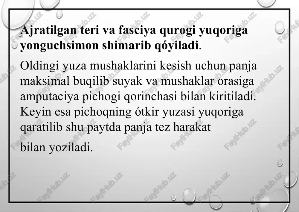 lar suyakkacha kesiladi. yelka ikki boshli mushagining qisqkarish xususiyati kuchli bόlganligi sababli uni distalrok joyidan kesiladi. yumshoq tόqimalar retraktor yordamida yuqoriga surib qo‘yilgandan keyin suyak arralanadigan joydan yuqoriroqdan suyak usti pardasi aylanasiga kesilib pastga shilinadi. 15 image10.png image11.jpeg image12.png image13.jpeg image14.gif image15.jpeg image16.png image17.png image1.png image6.jpeg image8.png image4.jpeg groove for tendon of ‘flexor carp! radialis, carpus. flexor oarpl ulnarib, flexor brevis minim digit ‘opponens minim! digith sesamoid bones, abouctor “transvers. and ostiquus pollicis, ruexon|/ metacarpus. foes. onevis and \ apouctor minin o1a0t1 ‘profundus: icitorum o6nactb kucctu qo’l suyaklari 1- o‘mrov suyagi; 2- kurak suyagi; 3-yelka suyagi; 4- tirsak suyagi; 5-bilakuzuk (kaft usti) suyaklari; 6-kaft suyagi; 7- barmoq suyakat 8- bilak suyagi. 7-tovon {ele} caf 9- panjavsuyage suyagi; ogui4hoe crpoehne o6uit sapnant vagina tendinis musculi flexoris pollicis longi p ipomexytohoe vagina communis tendinum - snarannute, o6wee musculorum flexorum anarannute crugareneit ¢ (5 5 naranmujem m. flexor mpocrpaniotso thenar pollicis longus cetenagostoe …
