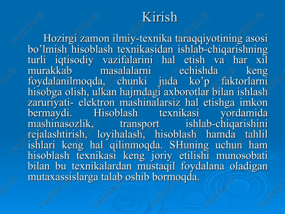 sobidan ularning qo’llanilish doirasi kengaydi. ikkinchi avlod mashinalariga quyidagilarni misol qilib keltirish mumkin: ural-14, ural-16, minsk-22, besm-b, besm-3, besm-4, m-222, mir-2, nairi va boshqalar. ularning ish bajarish tezligi sekundiga 30 ming operatsiya, operativ xotira hajmi 8 kb, l6 kb va 32 kb ni tashkil etardi. uchinchi avlod ehmlari elementlar bazasi mikro elektronikaga asoslangan bo’lib, ular integral sxemalarning qo’llanilishi bilan xarakterlanadi. uchinchi avlod mashinalariga es tipidagn es-1010, es-1020, es-1030, es-1040, es-1050, es-1066, elektronika 60, sm-3, sm-4 va boshqa tipdagi mashinalarni misol qilib olish mumkin. ularning operatsiya bajarish tezligi 500 mingdan 1 mln. operatsiyagacha bordi. operativ xotira hajmi esa 64 kb dan 1204 kb etdi. to’rtinchi avdod mashinalarining elementlar bazasi katta integral sxemalarga asoslangan bo’lib, qurilma sifatida kremniy plastiklaridan foydalanildi. bu avlod mashinalariga elbrus tipidagi mashinalarni misol qilib keltirish mumkin. uning operatsiya bajarish tezligi sekundiga 5 millionni tashkil etib, 64 mbaytgacha operativ xotira hajmiga ega bo’ldi. mikroprotsessorlarning paydo bo’lishi hisoblash texnikasi rivojlanish …