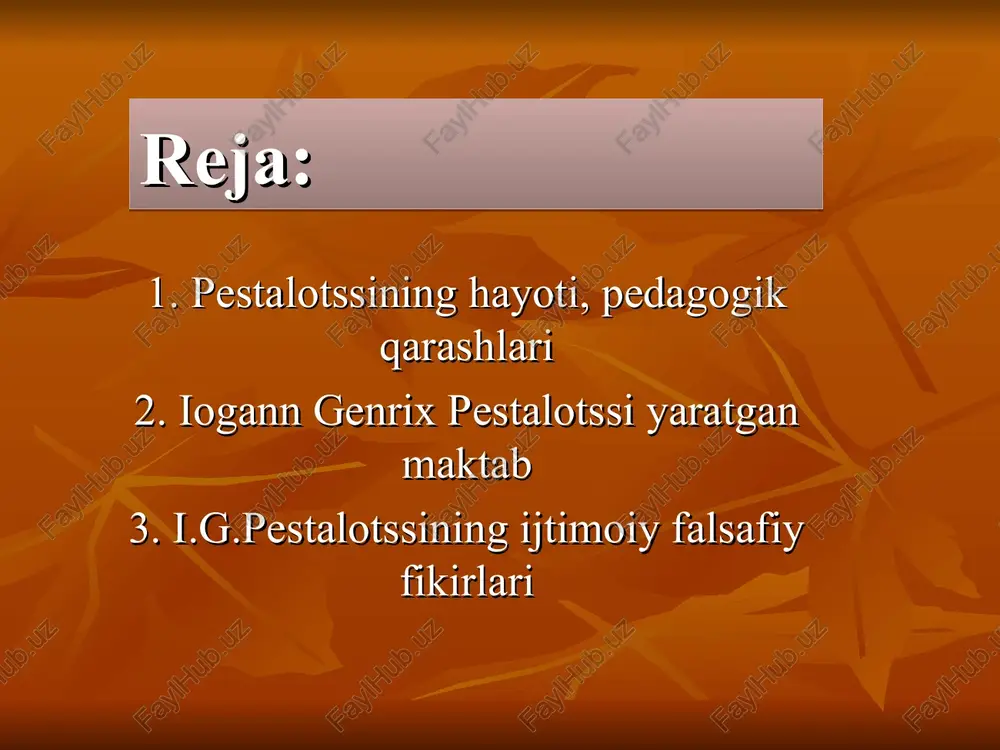 voj topishiga ishondi. axloqiy tarbiyadagi asosiy vazifa bolada boshqalar bilan ham shunday aloqada bo’lish hissini rivoj toptirishdan iborat. tayanch so’z va iboralar pestalotssi xayoti, ijodi, falsafiy qarashlari, neygofda o’tkazgan tajriba, pestolotssi fikri. foydalanilgan adabiyotlar 1. m.f.shabaeva. pedagogika tarixi. t. 1996 2. o’zbek sovet ensiklopediyasi. e’tiboringiz uchun rahmat onan weinrich pesinorz] ee bain, lolo omlniele 4 grids een dake ; lar bib / bell, chol bias a7 ailes ic aner rh th sf lan 1 pestaloz