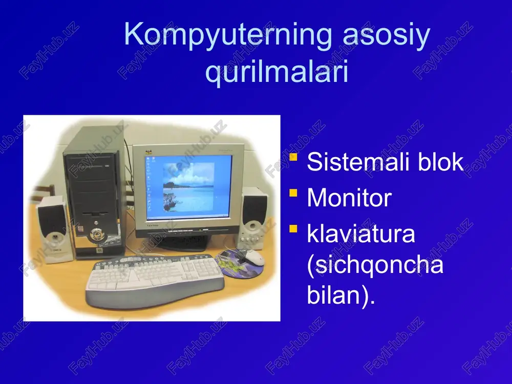 rilmalar asosan ikki yoki uchta boshqaruv tugmachasiga ega. kompyuterlar asosiy qurilmalardan tashqari bir qator atrof qurilmalariga ham ega. ularning ba'zilari bilan tanishib chiqamiz. printerlar. printer — ma'lumotlarni qog’ozga chiqaruvchi qurilma. barcha printerlar matnli ma'lumotni, ko’pchiligi esa rasm va grafiklarni ham qog’ozga chiqaradi. rangli tasvirlarni chiqaruvchi maxsus printerlar ham bor. printerlarning quyidagi turlari mavjud: matritsali, purkovchi va lazerli. matritsali printerlar yaqin vaqtlargacha keng tarqalgan printerlardan biri edi. bu printerning yozish kallagida vertikal tartibda ignalar joylashgan. kallak yozuv satri bo’ylab harakatlanadi va ignalar kerakli daqiqada bo’yalgan lenta orqali qog’ozga uriladi. natijada qog’ozda belgi yoki tasvir paydo bo’ladi. ignalar soniga qarab bu printerlar bir necha turlarga bo’linadi: 9 ignali, 24 ignali, 48 ignali. chiqarish qurilmalari kompyuterda qayta ishlangan ma`lumotni odam uchun tushinarli bo`lgan shaklga keltiradi. chiqarish qurilmalariga printerlar, plotterlar, ekranlar va audio ma`lumotni chiqaruvchi qurilmalar kiradi. eng muhim chiqarish qurilmalari: printer va monitordir. bu singari chiqarish qurilmalarining yuzlab va minglab turlari mavjud. printerlar …
