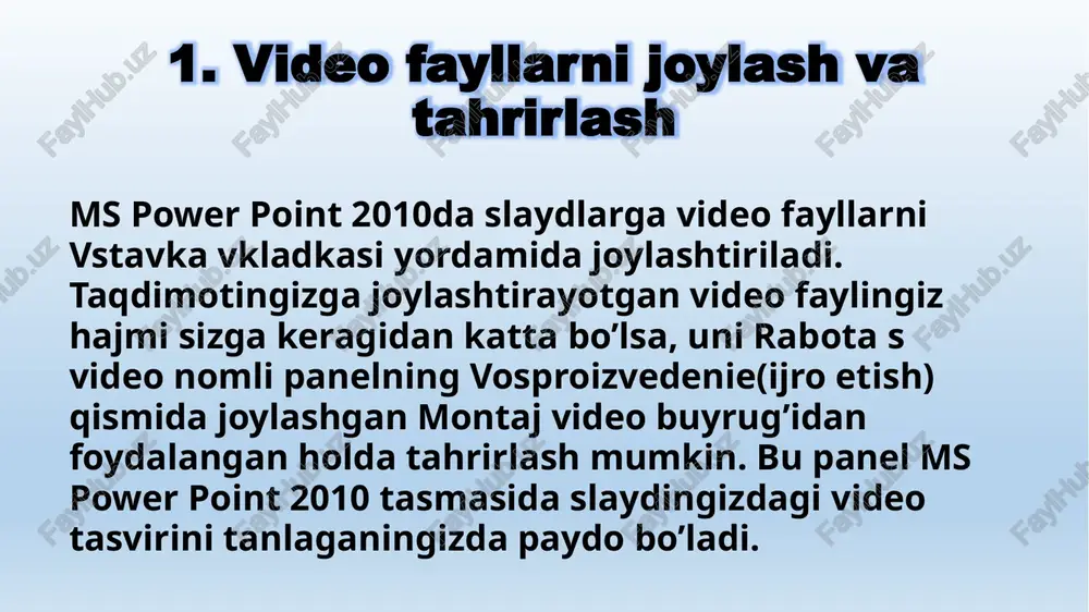 lashgan soxranit i otpravit buyrug’ini tanlash kerak. so’ngra chapdan ikkinchi ustunda joylashgan sozdat video tugmasini tanlagach, ochilgan uchinchi ustundan bo’lajak video faylni parametrlarini tanlab chiqiladi va shu ustunning oxirgi qatorida joylashgan sozdat video buyrug’i tanlanadi. 5.taqdimot namoyishini boshqarish slad-shouni boshlash uchun: - pokaz slaydov vkladkasiga o’ting. - namoyishni birinchi slayddan boshlash uchun tasmadagi s nachala tugmasini yoki klaviaturadagi f5 tugmani bosing. - namoyishni biror boshqa slayddan boshlash uchun avval o’sha slaydga o’ting so’ngra tasmadan s tekushego slayda tugmasini yoki power point 2010 oynasining quyi o’ng tarafidagi rasmda ko’rsatilgan tugmasini bosing. - namoyish vaqtida navbatdagi slaydga o’tish uchun, agar avtomatik o’tish o’rnatilmagan bo’lsa, klaviaturadagi: enter, bo’sh joy, o’ngga strelka, quyiga strelka va pagedown tugmalaridan foydalanish mumkin. -avvalgi slaydga qaytish uchun esa chapga strelka, yuqoriga strelka, pageup tugmalaridan foydalanish mumkin. -namoyishni to’xtatish uchun klaviaturadagi esc tugmasini bosish yoki kontekct menyudan zavershit pokaz slaydov buyrug’ini tanlash kerak. adabiyotlar katherine m. first look office …