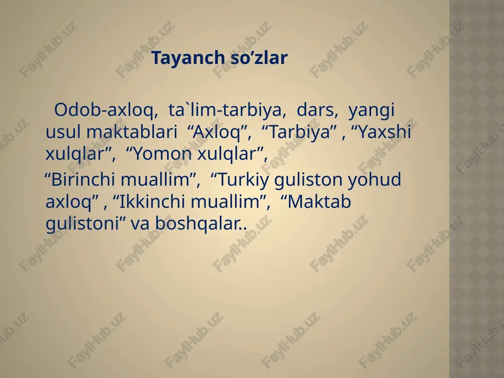 arovon etishlarini orzu qildilar va bu yo’lda fidoyilik ko’rsatdilar. u o’z maktabida bolalarga geografiya, tarix, adabiyot, til, hisob, handasa, hikmat kabi fanlardan muayyan ma’lumotlar beradi. maktabdadur ilmu kamol, maktabdadur husnu jamol. maktabdadur milliy hayol, g’ayrat qilib o’qing, o’g’lon! a.avloniy «turkiy guliston yoxud ahloq» kitobi ma’rifatparvarlik g’oyalarini targ’ib qiladi. a. avloniy kitobida ilm to’g’risida bunday deydi: «ilm dunyoning izzati, oxiratning sharofatidur. ilm inson uchun g’oyat oliy muqaddas fazilatdur. zeroki, ilm bizga o’z ahvolimizni, harakatlarimizni oyna kabi ko’rsatur. zehnimizni, fimkrimizni qilich kabi o’tkir qilur... ilmsiz inson mevasiz daraxt kabidur...». avloniy ilmni umuman emas, balki uning amaliy va hayotiy foydalarini aytib, «bizlarni jaholat, qorong’ulikdan qutqarur. madaniyat insoniyatni ma’tifat dunyosiga chiqarur, yomon fe’llardan, buzug’ ishlardan qaytarur, yaxmi hulq va odob sohibi qilur... alhosil butun hayotimiz, salolmatimiz, saodatimiz, savlatimiz, maishatimiz, g’ayratimiz, dunyo va oxiratimiz ilmga bog’liqdur». «turkiy guliston yoxud axloq» 1913 yilda yozilgan bo`lib, u axloqiy-ta`limiy asardir. muallif bu kitob boshlanishiga «man xastayamu millatim o`lmish …