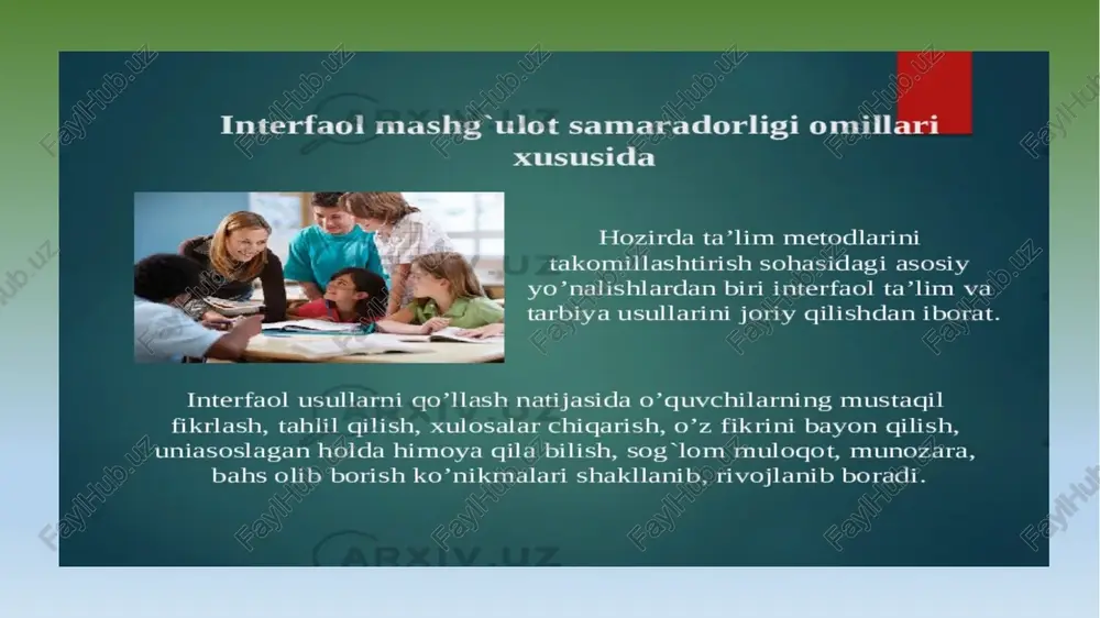 r muammo yoki vaziyatni muhokama qilib eng ko’p miqdorda to’g’ri javoblar olish ko’zda tutiladi. xar bir to’g’ri javob _—_ yumaloqlangan gor ko’rinishida o’sha z saga ball tariqasida yozib qo’yiladi. eng ko’p balf uruh, a’lo baholanadi. dumalog stol metodi: topshiri yozib qo’yilgan qog’oz varag’i davra bo'ylab o we herd har bir talaba o’ zining javob variantini yozib qo’yadi va varagni boshqga talabaga uzatadi. ede ugagach, muhokama bo’ladi noto’g’ ri javoblar o’chiriladi, to’g’ re javoblar soniga qarab talabalar 3 baholanadi. re masalan: 1 pedagogikaning psosly f ategoriyalarini-ko’rsating pedagog mahoratlarini aytib bering yoki 1 shaxs komponentlarini belgilab bering. 2 leongard bo’yicha xarakter xusustyatlarini _ sanab bering va h. k. 1, o’quv rejadagi fanlarni o’qitishda qaysi mavzular bo’ yicha interfaol darslar tashkil qilish maqsadga muvofiqligini hisobga olish zarur. bunda birmavzu bo’ yicha mashg‘ulotning maqsadiga to’ liq erishishni ta’minlaydigan interfaol-yoki an’ anaviy mashg ulot turlaridan foydalanish ko’zda tutiladi. 3. interfaol mashg‘ulotda o’ quvchilamming mustaqil ishlashlari …