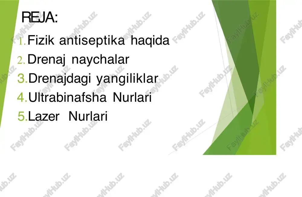 entgenkontrastligi va diametrining axamiyati xakida gapirish ortikchalik kiladi. ammo drenaj naychaga yon teshikchalari kilish usuli zarurligini aloxida ta'kidlab utish zarur. eng kup tarkalgan drenaj turlariga redon kiradi drenaj tizimining sifati umuman olganda drenajning uziga kar, aniklanadi. naycha materiali, rentgenkontrastligi va diametrining axamiyati xakida gapirish ortik kiladi. ammo drenaj naychaga yon teshikchalari kilish usuli zarurligini aloxida utish zarur. eng kup tarkalgan drenaj turlariga redon kiradi [ p e h a 6 pe3mhobbim [leca ultrabinafsha nurlari ► bakteritsid ta'sir kiladi, immunitetni stimullaydi va jaroxatlardagi tozalanish, regenratsiya jarayonlarini jadallashtiradi. past energiyal l lazer nurlari tukimalardagi kimyoviy reaktsiyalarni, kizil va inf rakizil nurlanishga bulgan sezgir likni uzgart iradi . boshka fizik omillardan klinik amaliyotda diadinamik tok (bernar toki), xar xil antiseptik vosit alarni elekt roforez kilish, rent genoterapiya keng ishlat ilishga joriy kilindi ultratovushning ► bakteriotsid ta'siri kavitatsiya jarayoni - mikrob xujayrasiga bosim impulsining tovush tezligidan yukori tezlik bilan ta'sir kilishiga asoslangan. bunda xujayrada …