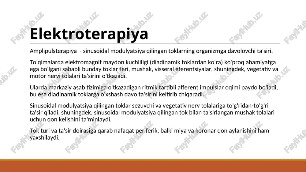 qisqarishiga olib keladigan a a1 va a a2 guruh asab o’tkazgichlarining innervatsiya qiluvchi tonik va fazali tolalaridagi chandiq javoblari shakllanadi . past chastota elektrstimullyatsiya toklari (20 imp x s -1 ) asosan tonik mushaklar qisqarishiga (qizil), yuqori chastota (20-150 imp x s) esa fazoli (oq) tolalar qisqarishiga olib keladi. mushak qisqarishining impuls toklar chastotasiga bog'liqligi past chastotali toklarning modulyatsiyalangan sinusoidal toklarning miostimulyatsion ta'siriga o’xshash ravishda ularning modulyatsiyasining chastotasi va chuqurligiga bog'liq. elektr stimulyatsiyasi vaqtida yuzaga keladigan mushak tolasining qisqarishi va bo’shashishi muskul atrofiyasini oldini oladi va mushaklar motor birligining 20% dan ko'prog'i qolsa, bu qismlarni immobilizatsiya qilish jarayonida atrofiya profilaktikasida, shuningdek alohida muskullar va ularning guruhlarini maqsadli mashq qildirishda ayniqsa samaralidir. sarkoplazmada makroergik birikmalarning tarkibi (atf, kreatin fosfat va boshqalar) oshadi va qon ta'minoti va limfatik drenajni faollashgandan so'ng, trofoenergetik jarayonlar kuchayadi. past chastotalarda, i tipdagi mushak tolalariidagi glikoliz jarayonlari faollashadi va chastota oshirilishi bilan, hujayra darajasida nafas olish va …