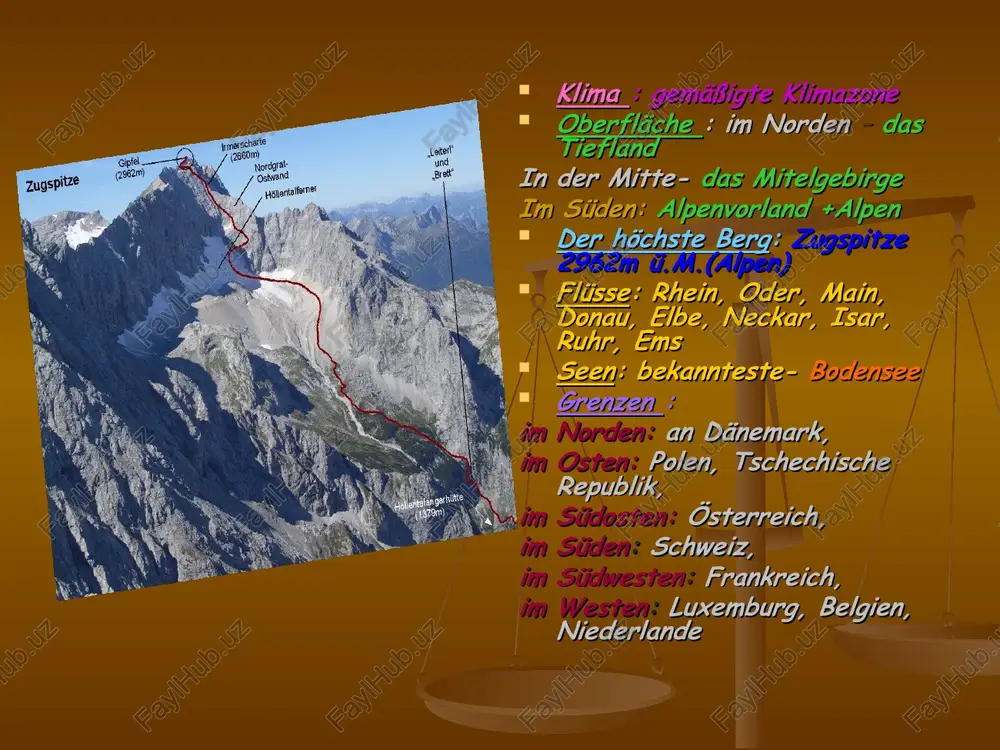 oberfläche : etwa 60 % des landes sind gebirgig im westen- jura, im nordwesten- mittelland, in der mitte + im süden- voralpen und alpen der höchste berg: dufourspitze 4 634 ü. m. (monte rossa) flüsse: rhein (rheinfall bei schaffshausen), rhône, reuss, aare, thur seen: genfersee, bodensee, lago maggiore, neuenburgersee, zürichsee, vierwaldstättersee grenzen : im norden: an bundesrepublik deutschland im osten: lichtenstein und österreich im süden: italien im westen: frankreich dufourspitze matterhorn - der schönste berg der schweiz bekannte firmen: nestlé (nahrunsmittelindustrie-schokoladen) roche (farmaindustrie) abb (maschinenindustrie) rolex,tissot,swatch, omega (uhrenhersteller, zeitmeßgeräte) bankensektor (ubs, allianz, credit suisse..) bekannte persönlichkeiten: bernoulli (mathematik/physik), l. euler (mathematik), c. g. jung (psychoanalytiker), paracelsus (arzt/chemiker), u. andress (schauspielerin), f. dürrenmatt, h. hesse (schriftsteller), m. frisch (schriftsteller), r. federer (tennisweltmeister), m. hingis (tennisweltmeisterin), s. ammann (skispringer), p. zurbriggen (skifahrer) großstädte/touristisch interessante orte: basel + bern (altstadt- in unesco), genf (genfer see), lausanne (sportzentrum/ferienort), luzern (ferienort-bergpanorama, vierwaldstättersee), st.gallen (stift-unesco), zürich …