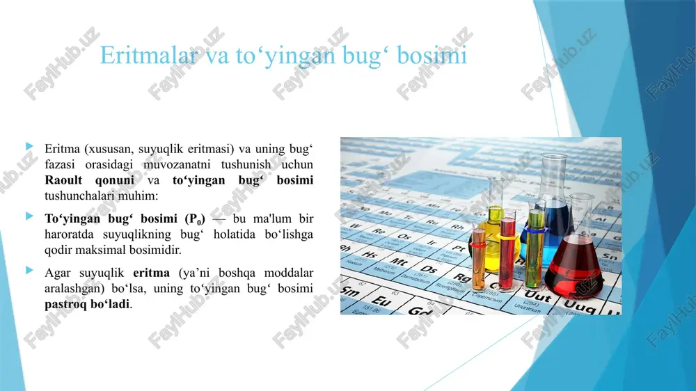 lashadi. bu yuzada bug‘ molekulalari suyuqlikdan chiqadi. bug‘ fazasi va suyuqlik tarkibi o‘rtasida termodinamik muvozanat o‘rnatiladi: amaliy qo‘llanilishi kimyo sanoati – distillatsiya jarayonlarida, eritmalarni tozalash va tarkibni ajratishda. oziq-ovqat sanoati – sharbat yoki sutdagi suyuqlik tarkibini tartibga solishda. farmatsevtika – dori eritmalarini bug‘ yordamida konsentratsiya qilishda. ekologiya – suvlarni tozalash va ifloslanish moddalarini ajratishda. yangi yondashuv: bugungi kunda nano-poroz va polimer membranalar yordamida eritmalarni toʻyingan bugʻ bosimi orqali nazorat qilish texnologiyalari rivojlanmoqda. bu jarayon kam energiya sarfi va yuqori samaradorlik bilan ajralib turadi. diagramma tushunchasi (so‘z bilan) suyuq eritma diafragma pastki qismida joylashgan. bug‘ fazasi yuqori qismida to‘planadi. har bir qatlamda toʻyingan bug‘ bosimi va suyuqlik tarkibi muvozanatga ega bo‘ladi. bug‘ membrana orqali ko‘tariladi va kondensatsiyaga uchraydi, natijada suyuqlik tarkibi asta-sekin o‘zgaradi. e’tiboringiz uchun raxmat image1.jpeg image2.png image3.jpeg image4.jpeg image5.png image6.jpeg * bu qonun raoult qonuni bilan tavsiflanadi: p4—x4-pi bu yerda: © p4~eritmadagi komponentning bug’ bosimi © x4—suyuqlik komponentining mol …
