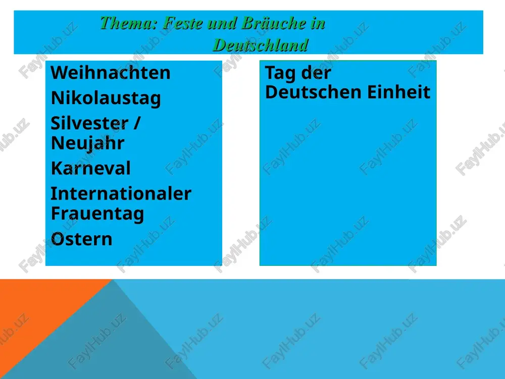 erster sonntag im oktober. der ursprung des erntedankfests reicht bis in die vorchristliche zeit zurück. das fest ist inhaltlich vergleichbar mit „thanksgiving“in den usa. es gibt jedes jahr eine vielzahl von volksfesten und feiern. manche stehen in einer teilweise jahrhunderte alten tradition. andere gibt es erst seit einigen jahren. literatur tatsachen über deutschland. frankfurt am main. 2012 tangram. arbeitsbuch. kursbuch. lehrwerk für deutsch als fremdsprache. max hueber verlag, 2004. themen neu 3. arbeitsbuch.kursbuch. max hueber verlag, 2004. vielen dank für ihre aufmerksamkeit * annaberger weihnachtsmarkt im festlichen glanz weihnachtspyramide rotenburg/fulda gst140107 christkindlesmarkt = & eo ae n det a i"