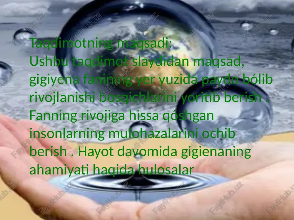 at mahsulotlari fizikaviy kimyoviy bakteriologik hamda toksikologik jihatdan tekshiriladi va bu bilan ularni sifat darajalari órganiladi hozirgi vaqtda atrof muhitning gigienik tozaligi oldimizda turgan muhim vazifalardan biri bólib turibdi. uni órganish, umumdavlat sistemasisasalomatlikni mustahkamlash kasbga tóg'ri yónaltirish kabi dolzarb masalalar óz yechimini kutmoqda e'tiboringiz uchun rahmat image1.jpeg image2.jpeg image3.jpeg image4.jpeg image5.jpeg image6.jpeg image7.jpeg image8.jpeg image9.jpeg image10.jpeg image11.jpeg image12.jpeg image13.jpeg image14.jpeg image15.jpeg image16.jpeg image17.jpeg image18.jpeg image19.jpeg image20.jpeg s.ning maktab gigiyenasi bo’‘limi bolalar muassasalarida: maktablar, bolalar yaslibog'chalari, litseylar, kollejlar, sanatoriy va dam olish maskanlarida muntazam ravishda s. nazoratini o‘rnatish hamda s.epidemiologiya tadbirlari samaradorligini aniklash vazifalarini bajaradi. o'zbekistonda s. tadbirlarini o‘zbekiston sog'liqni saqlash vazirligi davlat sanitariyaepidemiologiya nazorati departamenti, qoraqalpog'iston respublikasi, viloyatlar, tumanlar va shaharlarning shu sohaga ixtisoslashgan markazlari amalga oshiradi. s. tadbirlarini o‘tkazish va ularni nazorat qilish barcha tibbiyot xodimlarining , jumladan, s. vrachlarining majburiyati hisoblanadi.